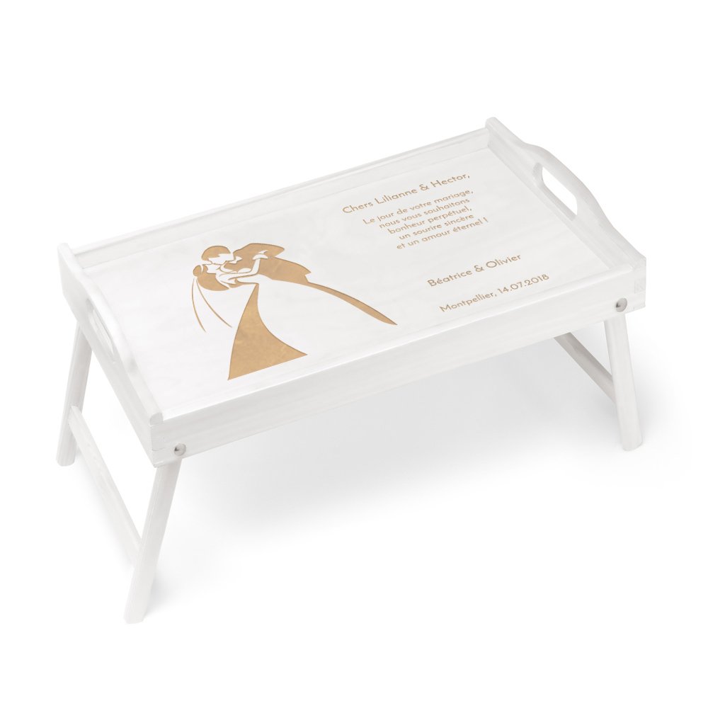 Bandeja de cama plegable de madera con grabado para el novio y la novia