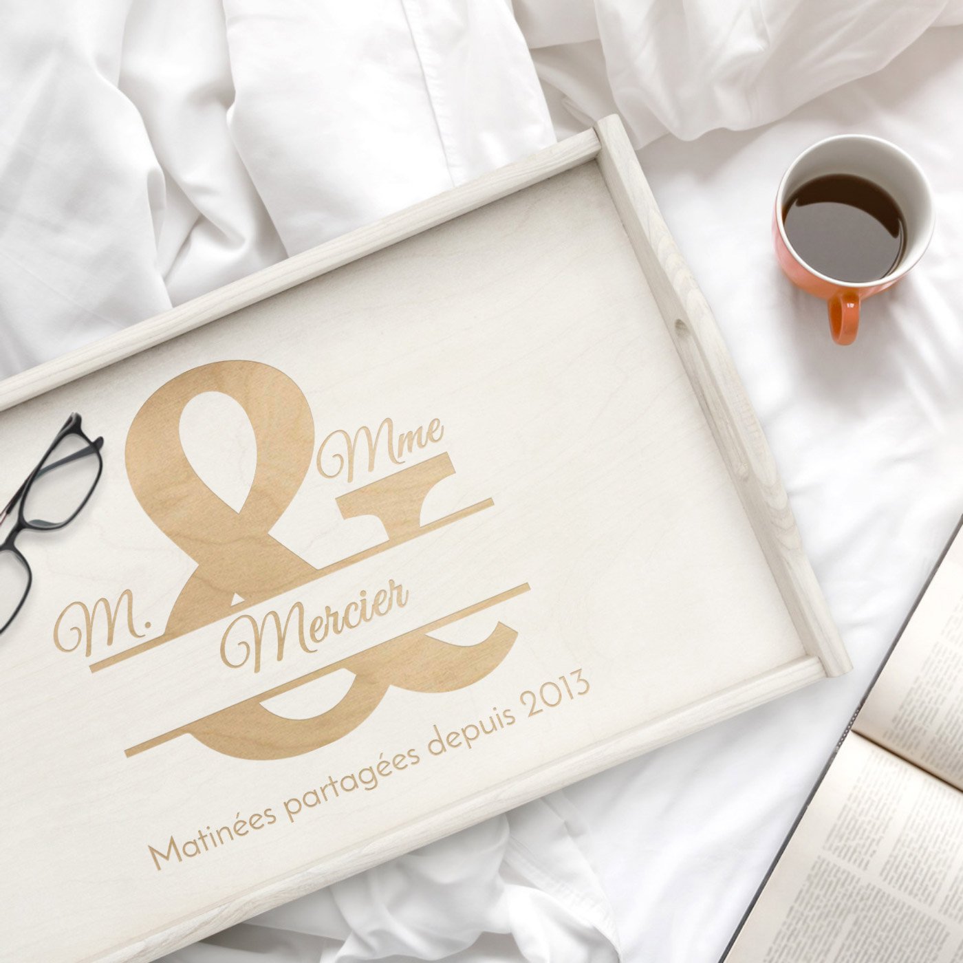 Plato de cama plegable de madera Murrano con grabado personalizado para ella y él, regalo de aniversario de boda