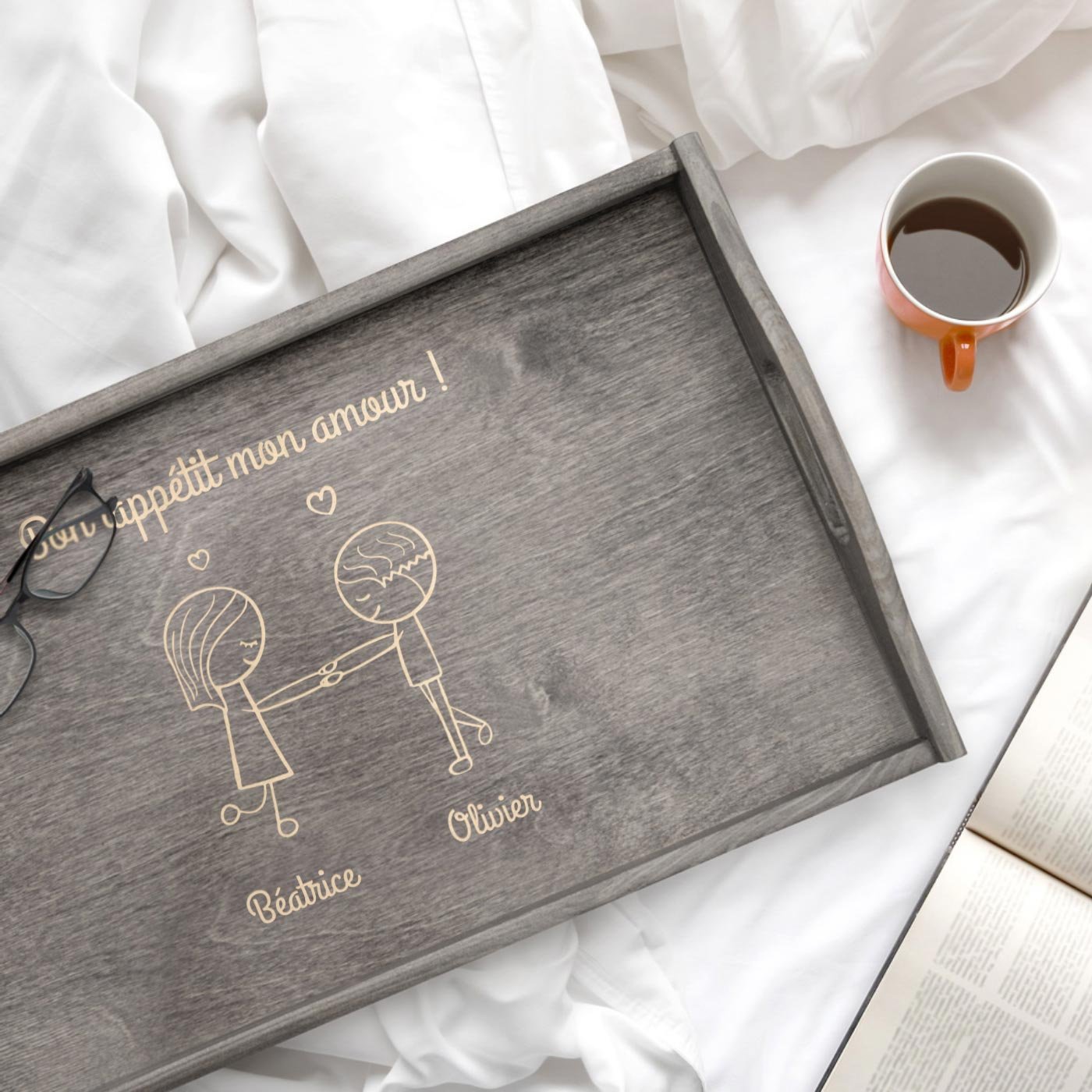 Mesa de noche plegable Murrano con grabado personalizado para ella y él