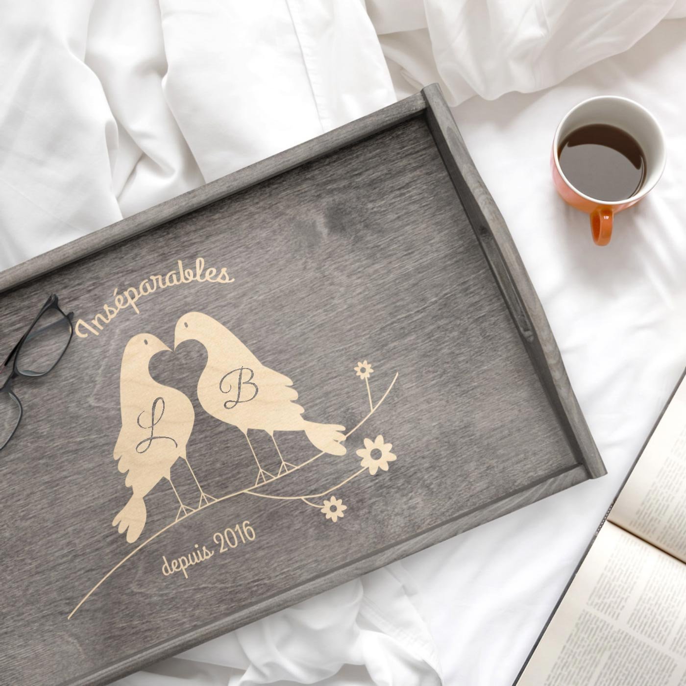 Bandeja de cama plegable Murrano con grabado para ella y él, para el aniversario de boda