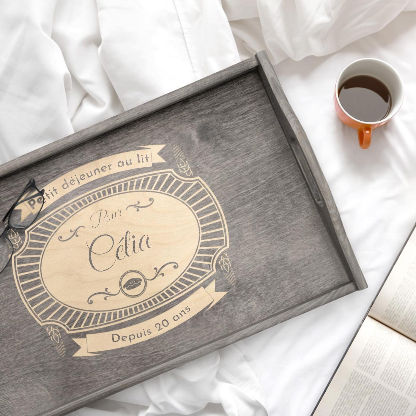 Bandeja de cama plegable Murrano con grabado para el 20º aniversario de bodas