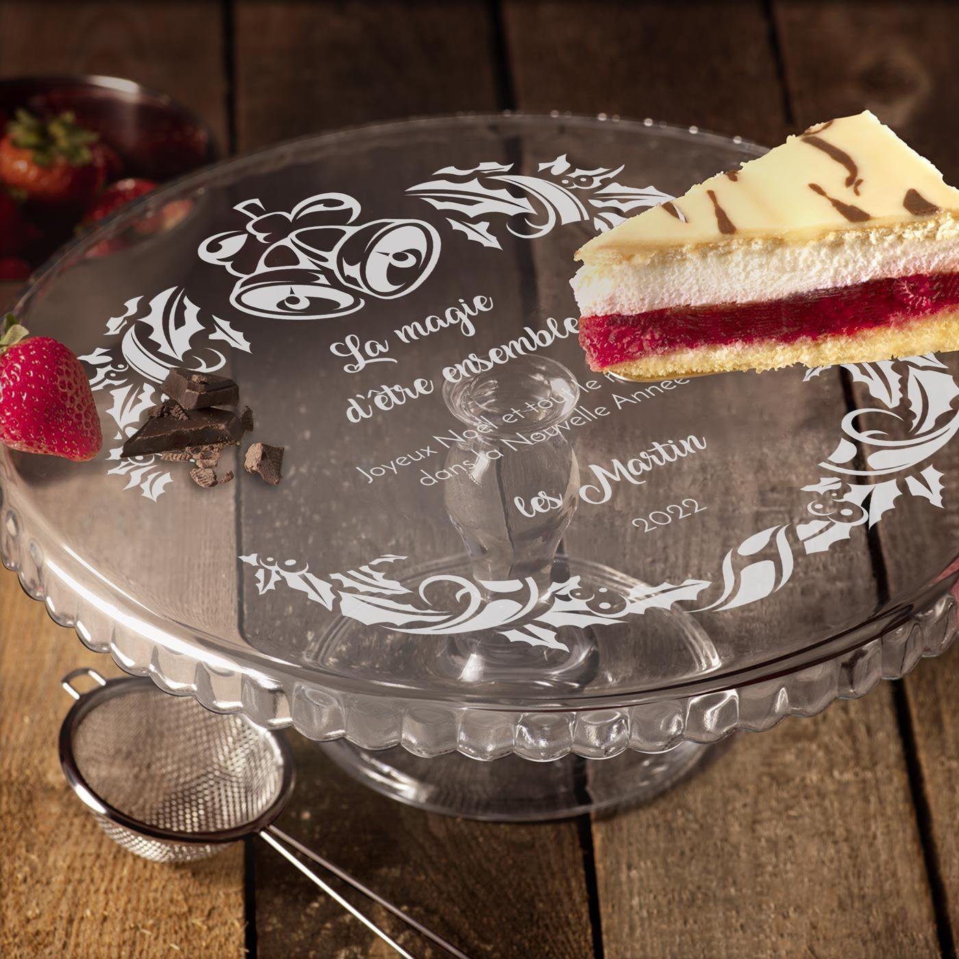 Support à gâteau Murrano en verre sur pied avec gravure personnalisée pour parents pour Noël