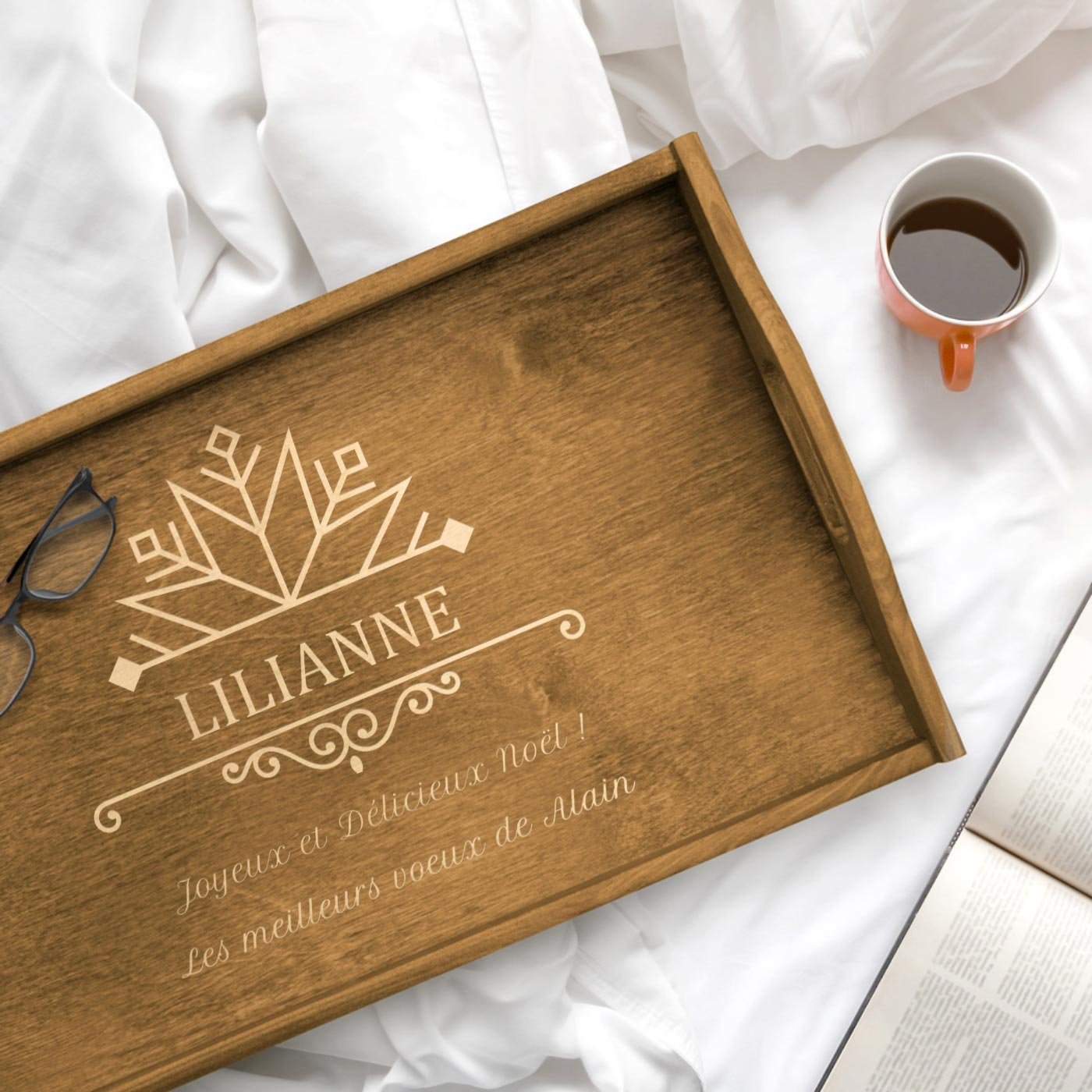 Bandeja de cama de madera personalizada para ella - Edición Navidad