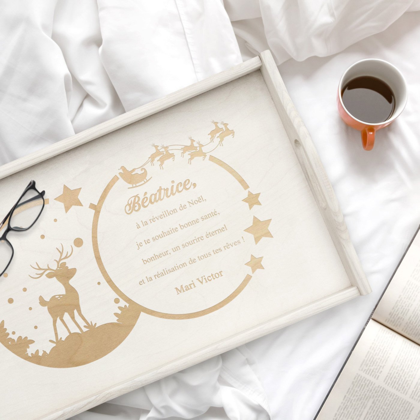 Bandeja de cama plegable de madera con grabado personalizado Murrano para mujer