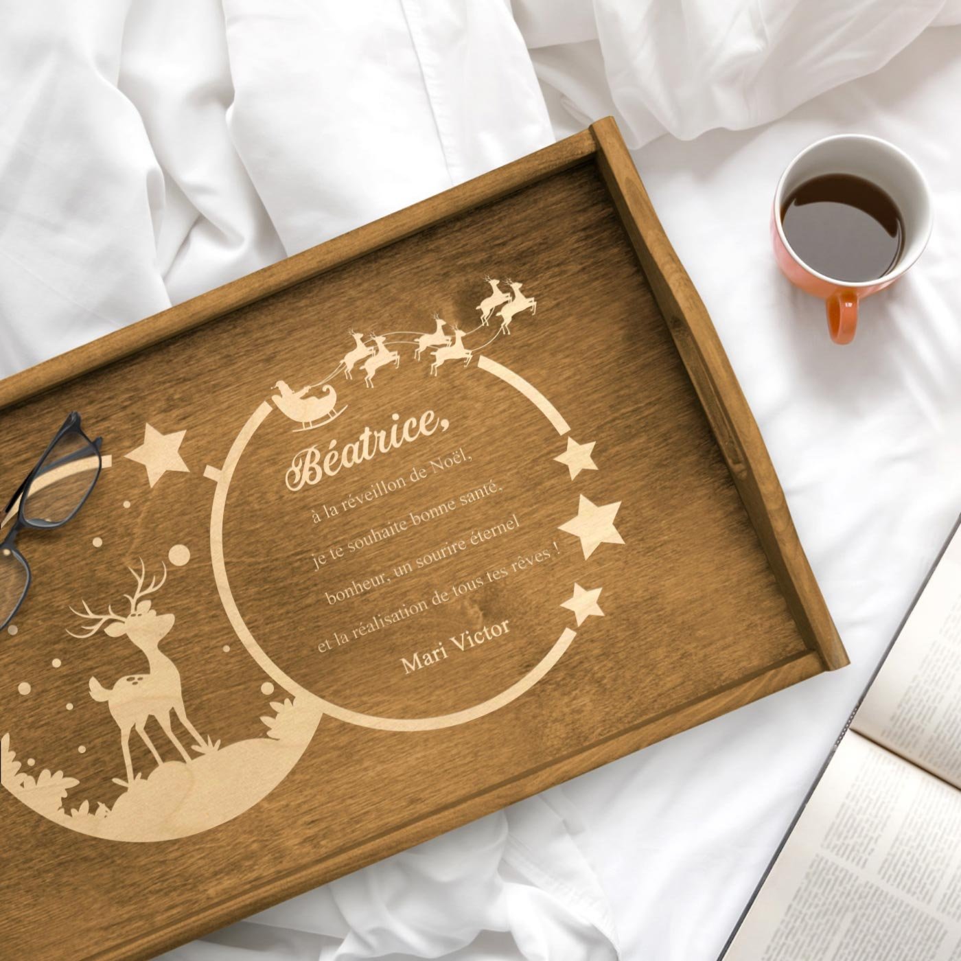 Bandeja de cama plegable de madera con grabado personalizado para mujer - Regalo de Navidad