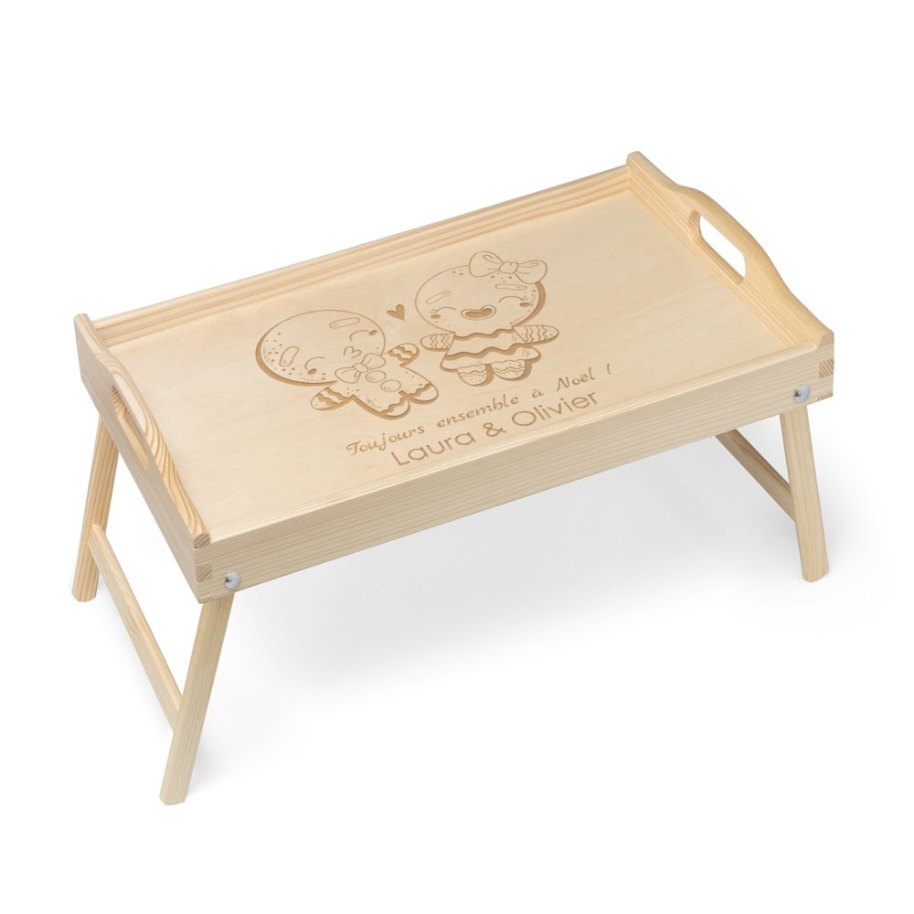 Bandeja de cama de madera natural Murrano con grabado para parejas para Navidad