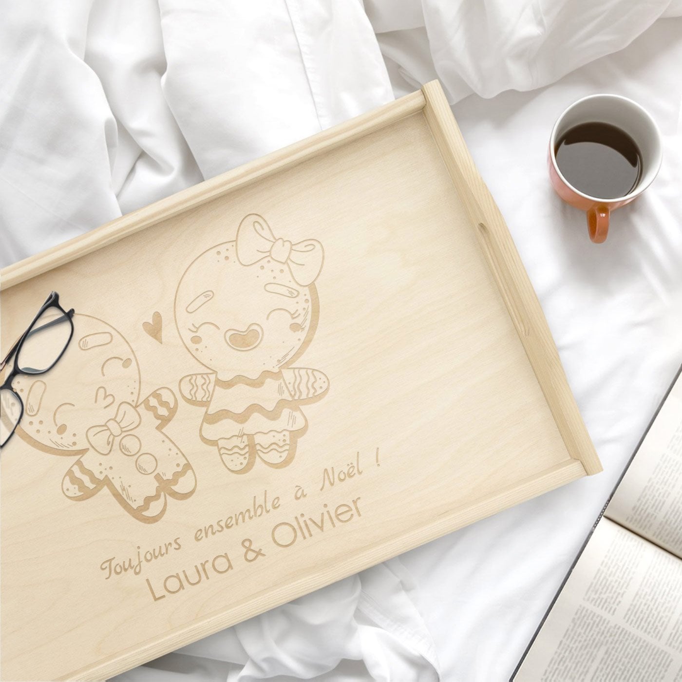 Bandeja de cama de madera natural Murrano con grabado para parejas para Navidad