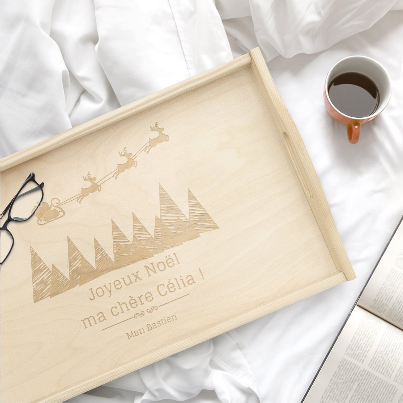 Bandeja de cama de madera natural plegable Murrano con grabado personalizado