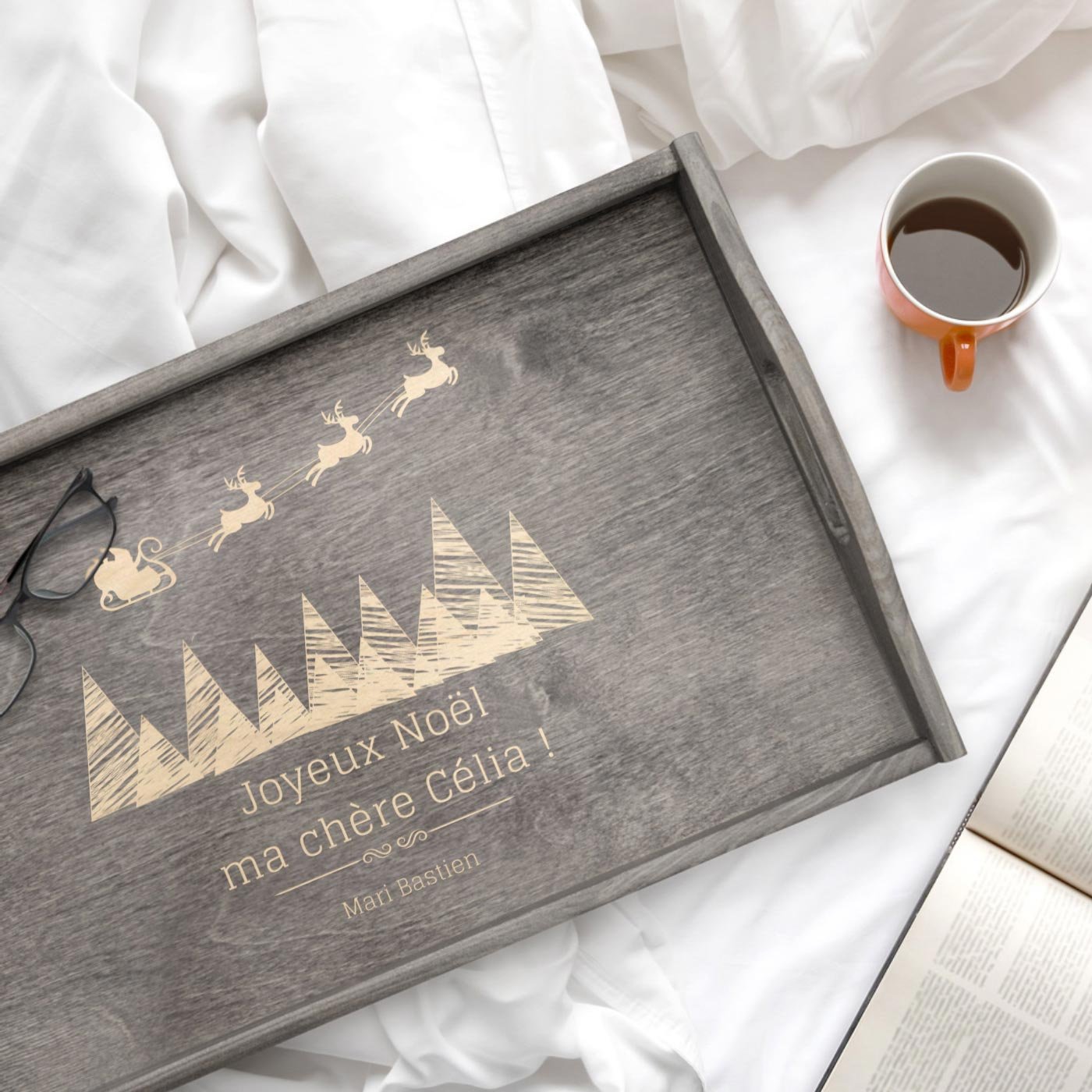 Bandeja de cama plegable Murrano con grabado para mujer - Edición Navidad