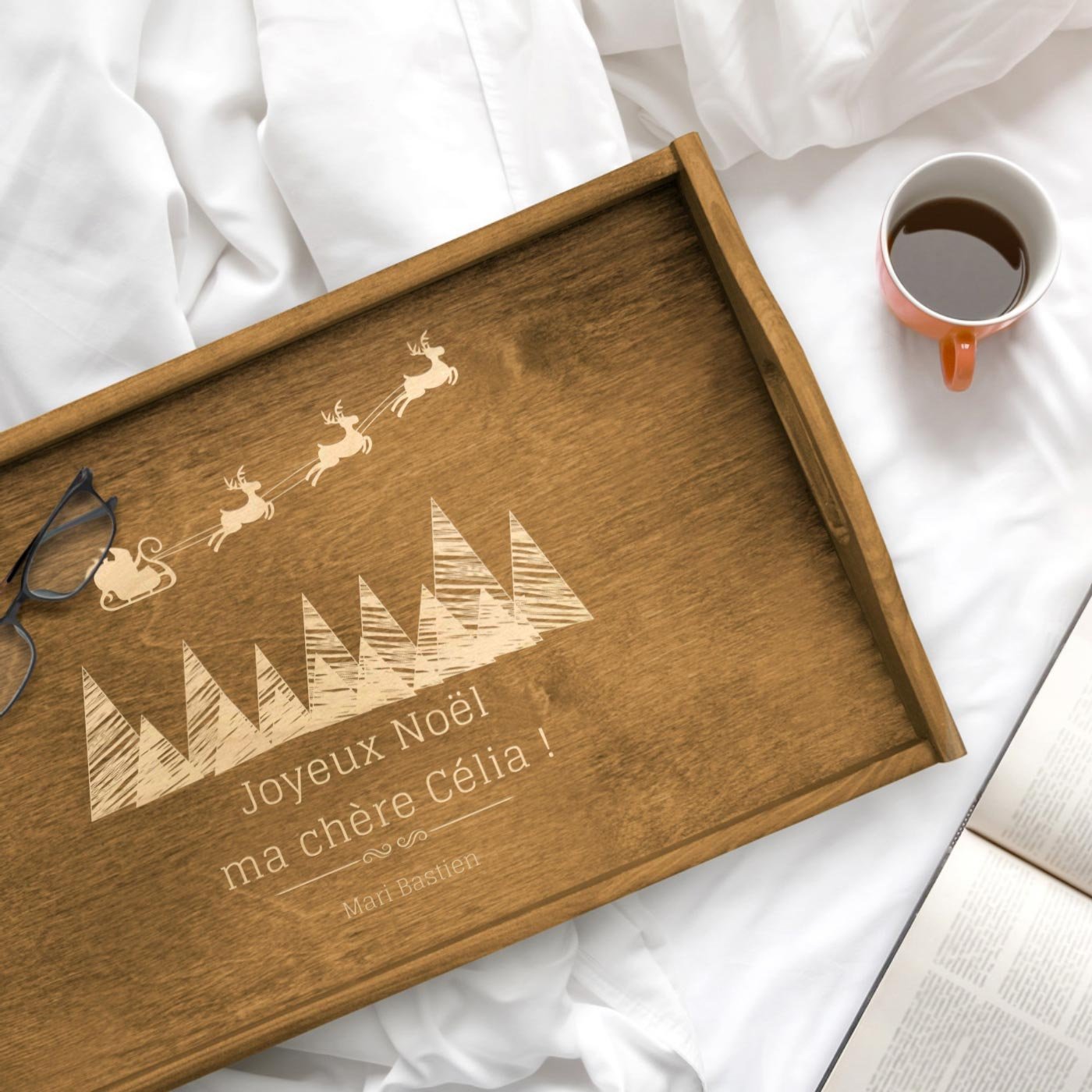 Bandeja de cama plegable de madera con grabado personalizado
