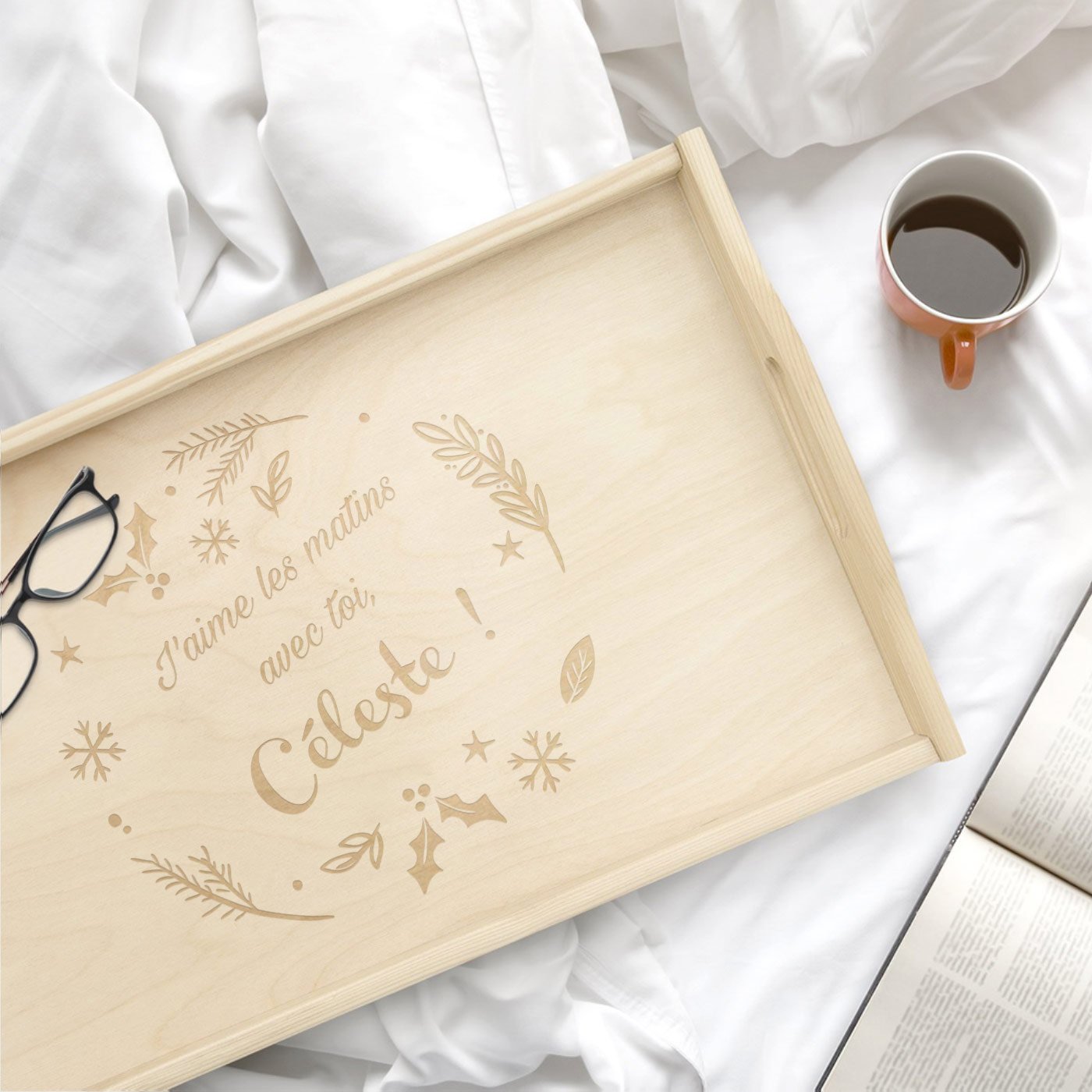 Bandeja de cama de madera natural Murrano con grabado para ella en Navidad