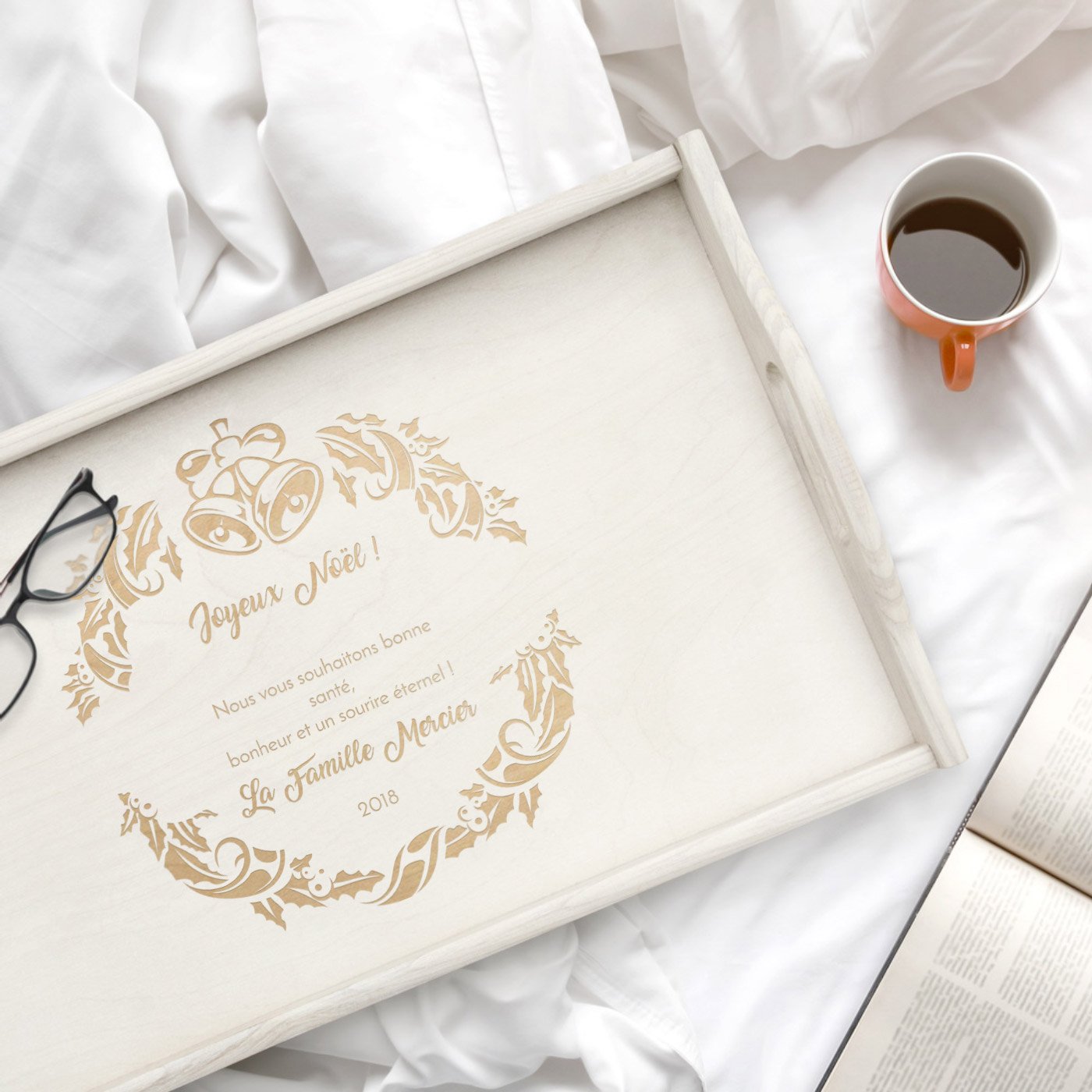 Bandeja de cama plegable de madera con grabación para padres para Navidad