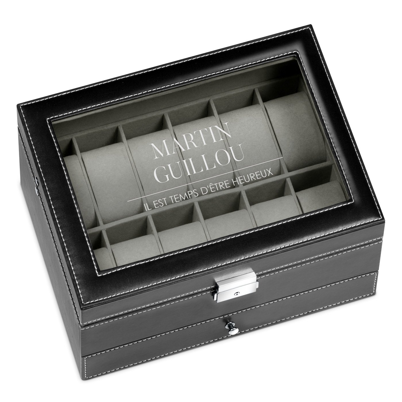 Caja de joyas y relojes negra personalizada Murrano para el cumpleaños de un amigo