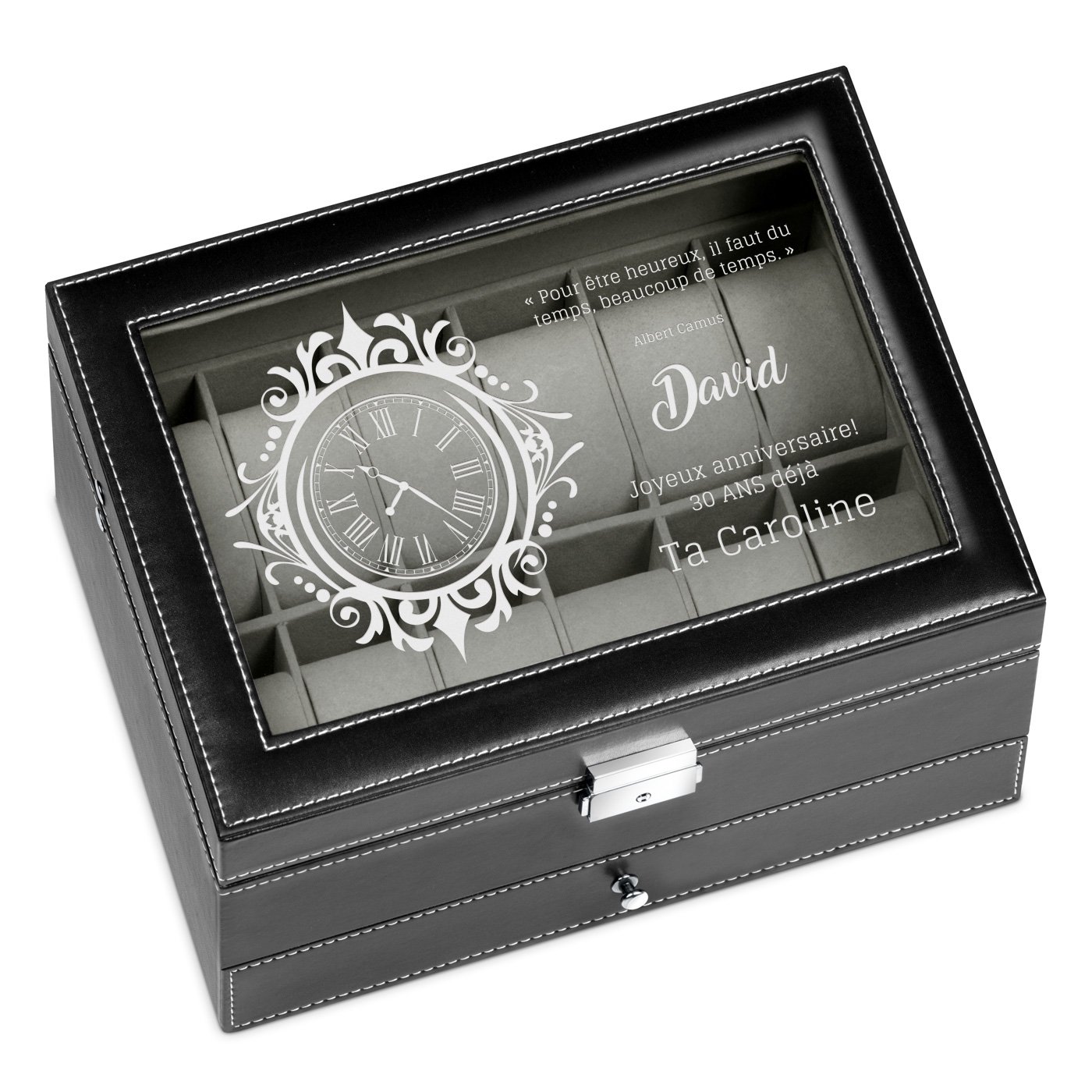 Caja de joyas y relojes negra personalizada Murrano para un hombre por su 30º cumpleaños