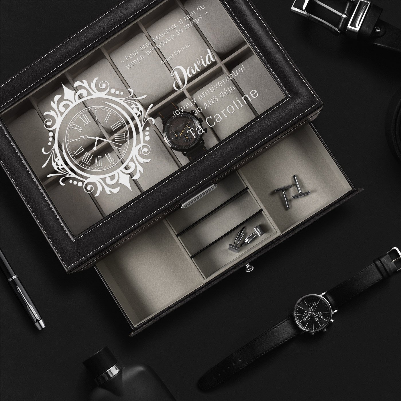 Murrano Black Jewelry and Watch Box with Engraving for Men's 30th Birthday