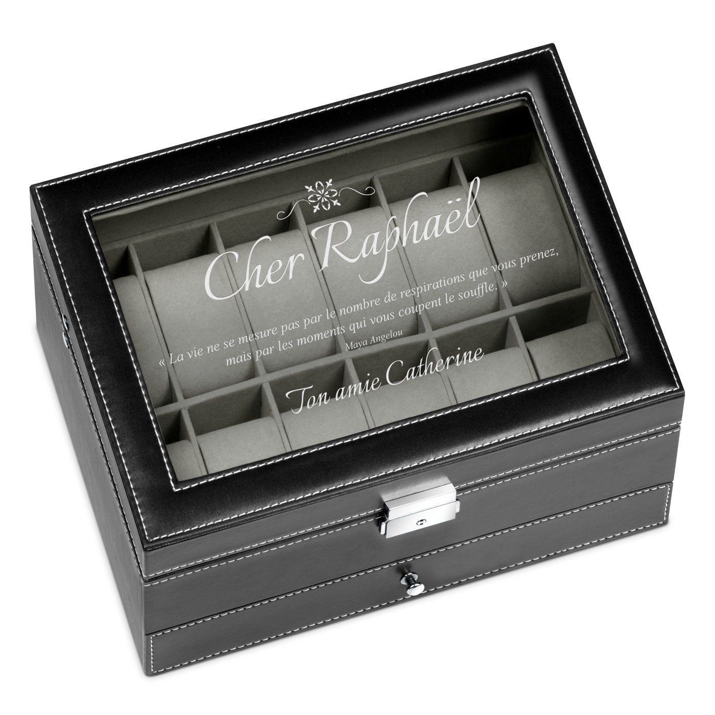 Caja de joyas y relojes personalizada negra Murrano