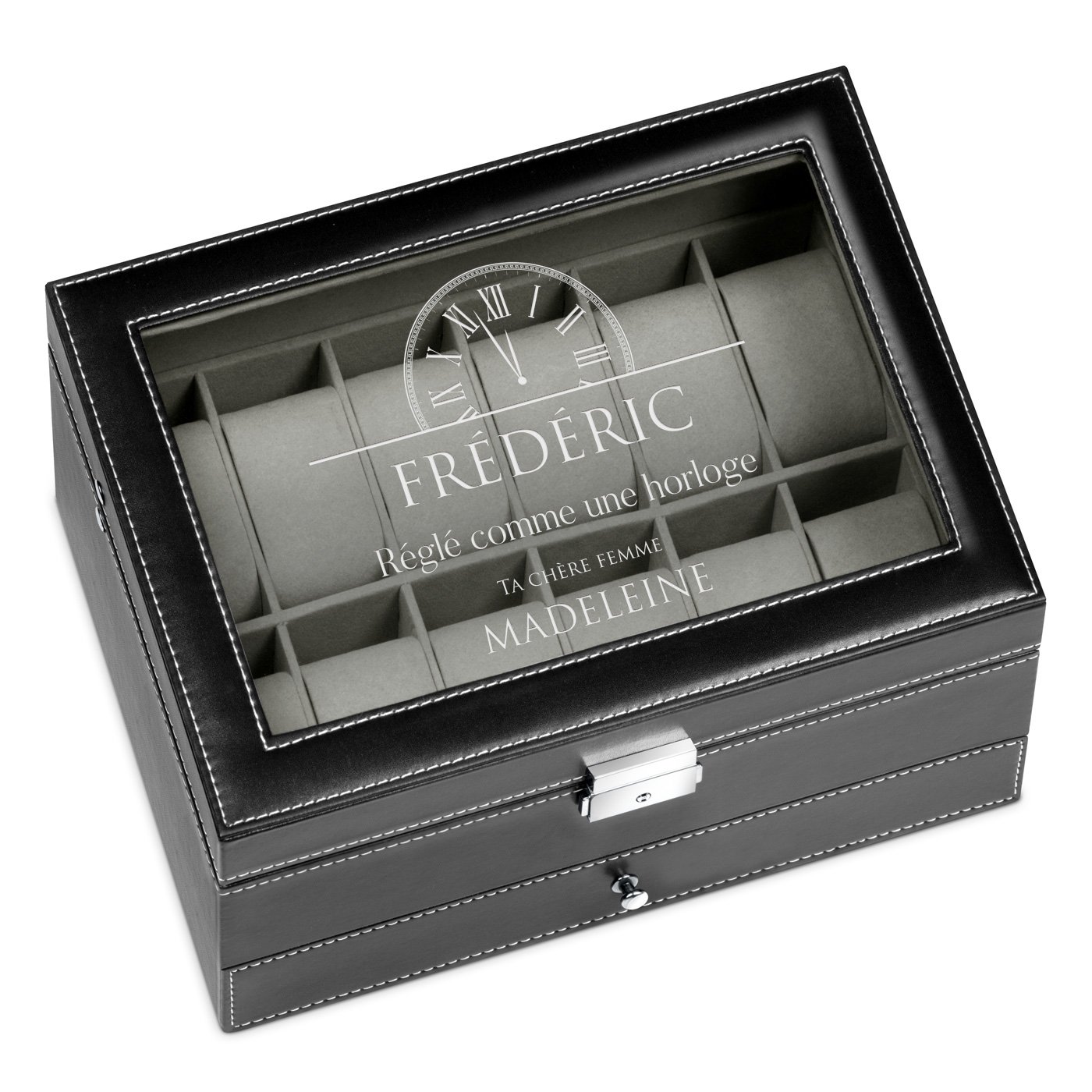 Caja de joyas y relojes negra Murrano con grabado para el cumpleaños de matrimonio de un marido