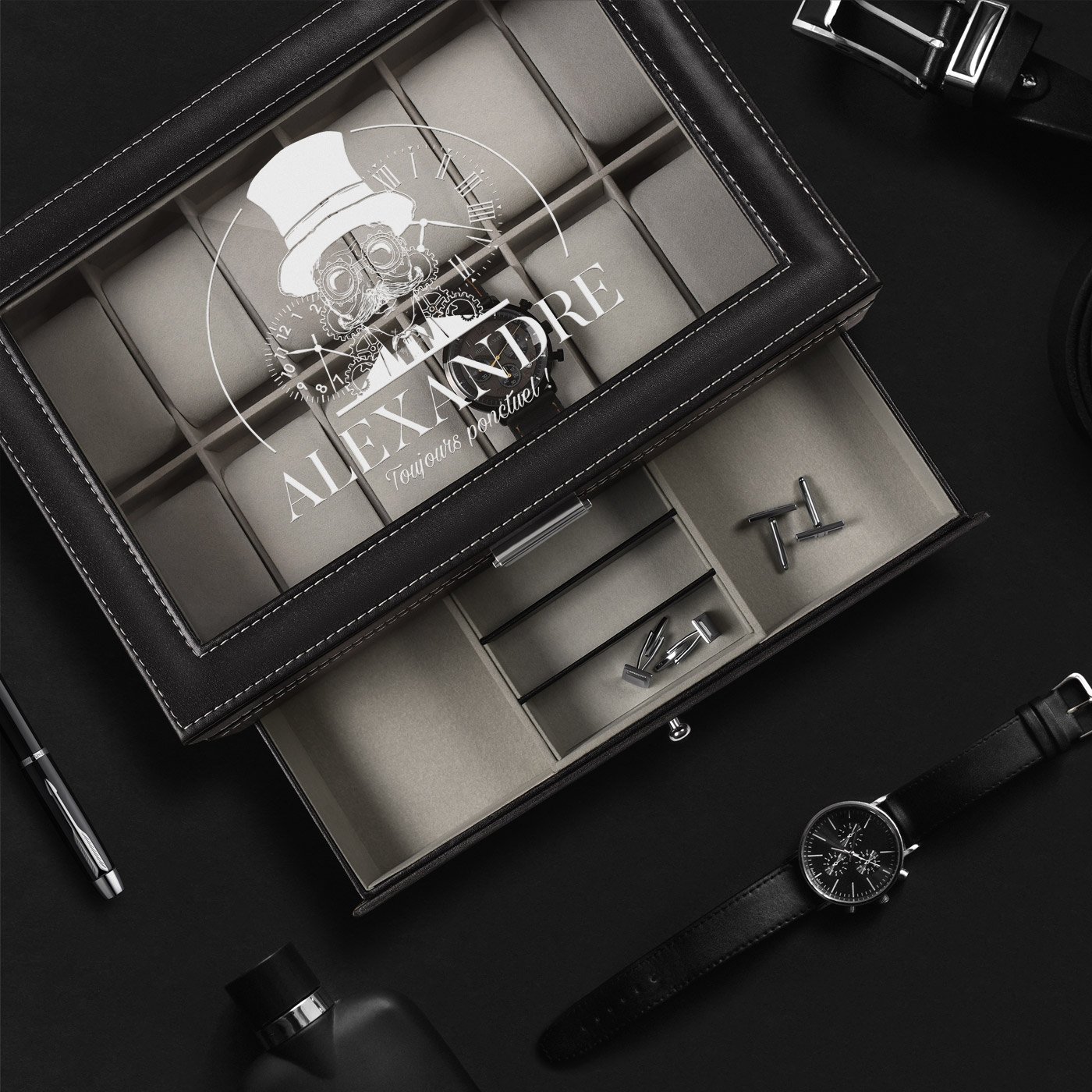 Murrano Personalized Watch and Jewelry Box - Black