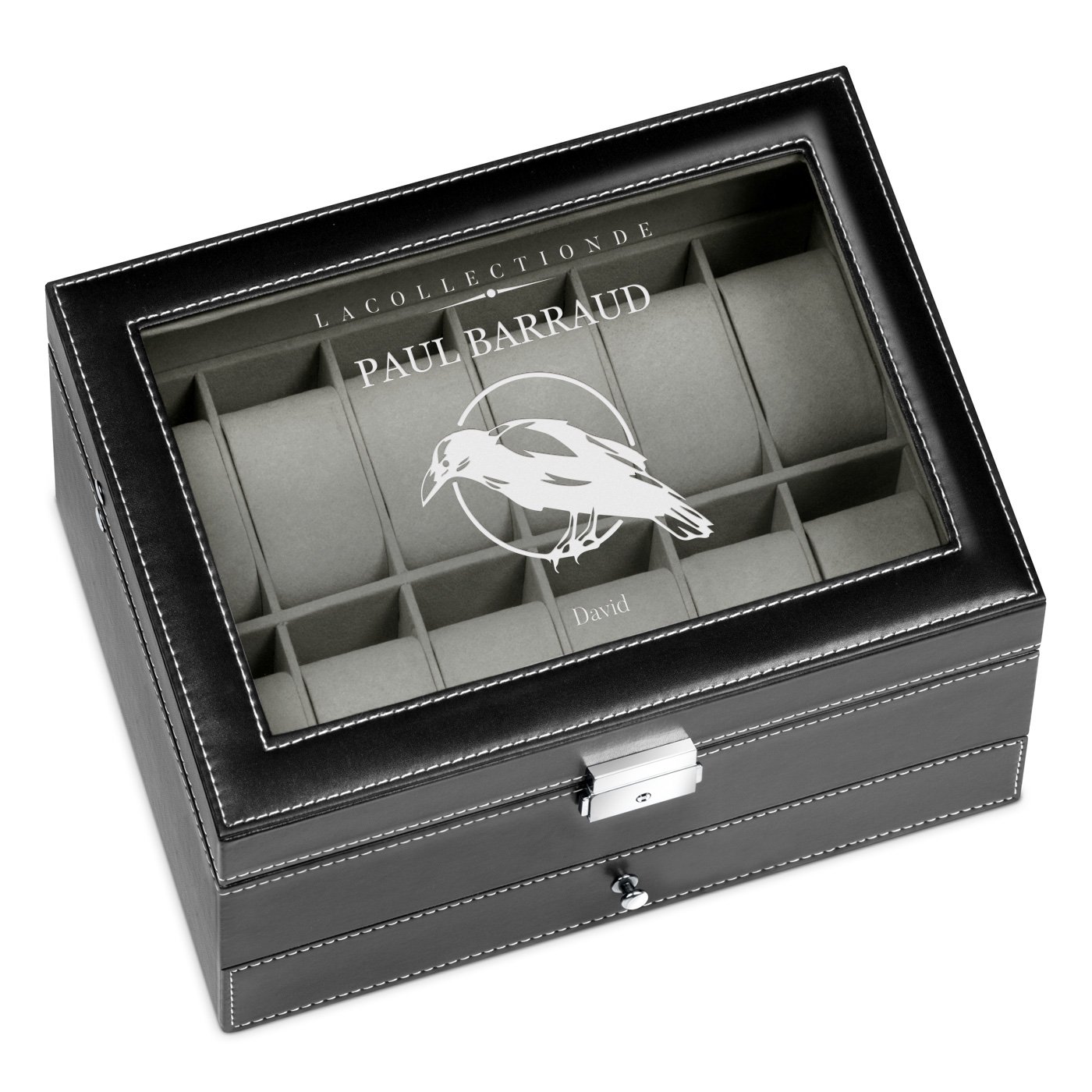 Caja de joyas y relojes Murrano negra con grabado para el cumpleaños de un hombre