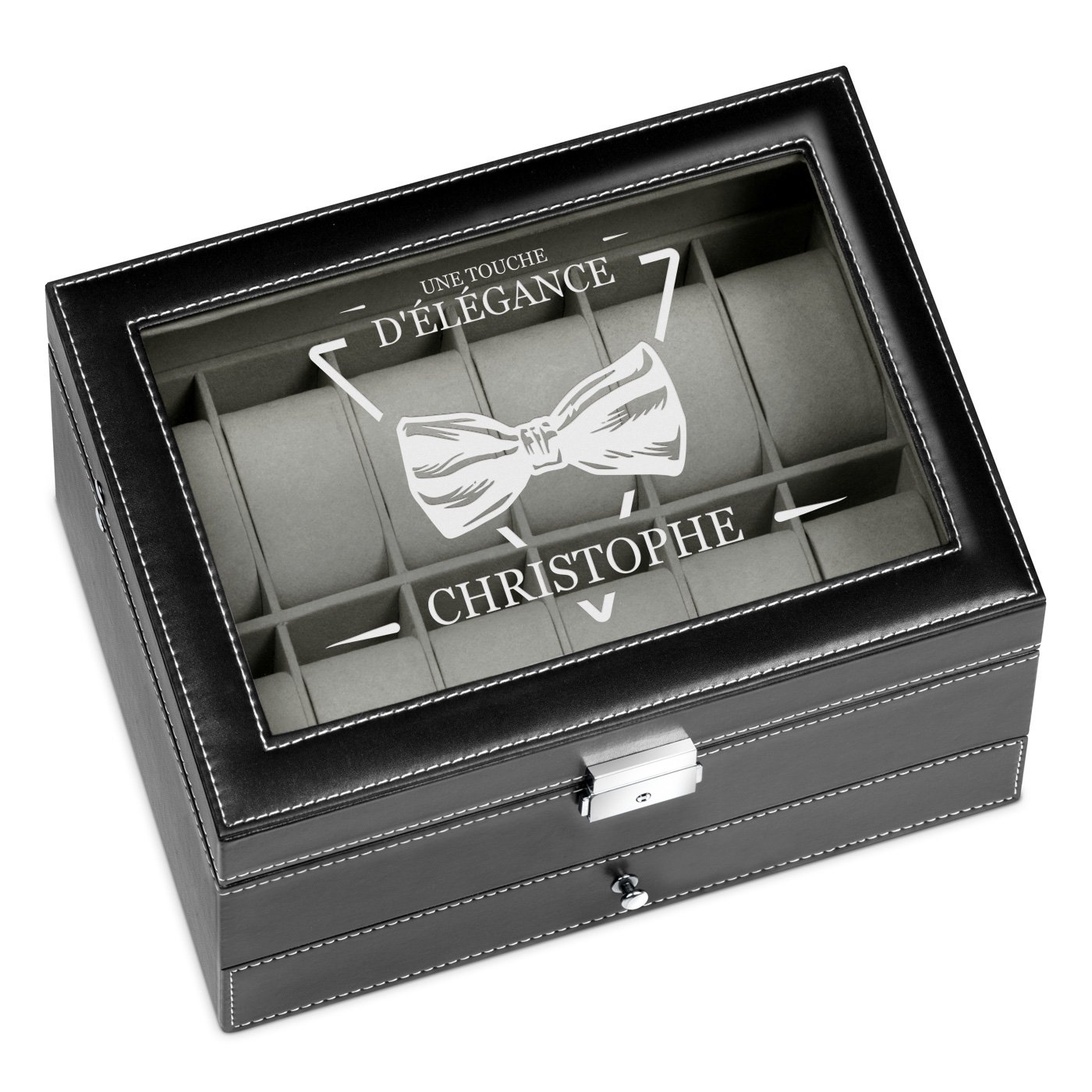 Caja de joyas y relojes negra personalizada de Murrano para el cumpleaños de un hermano