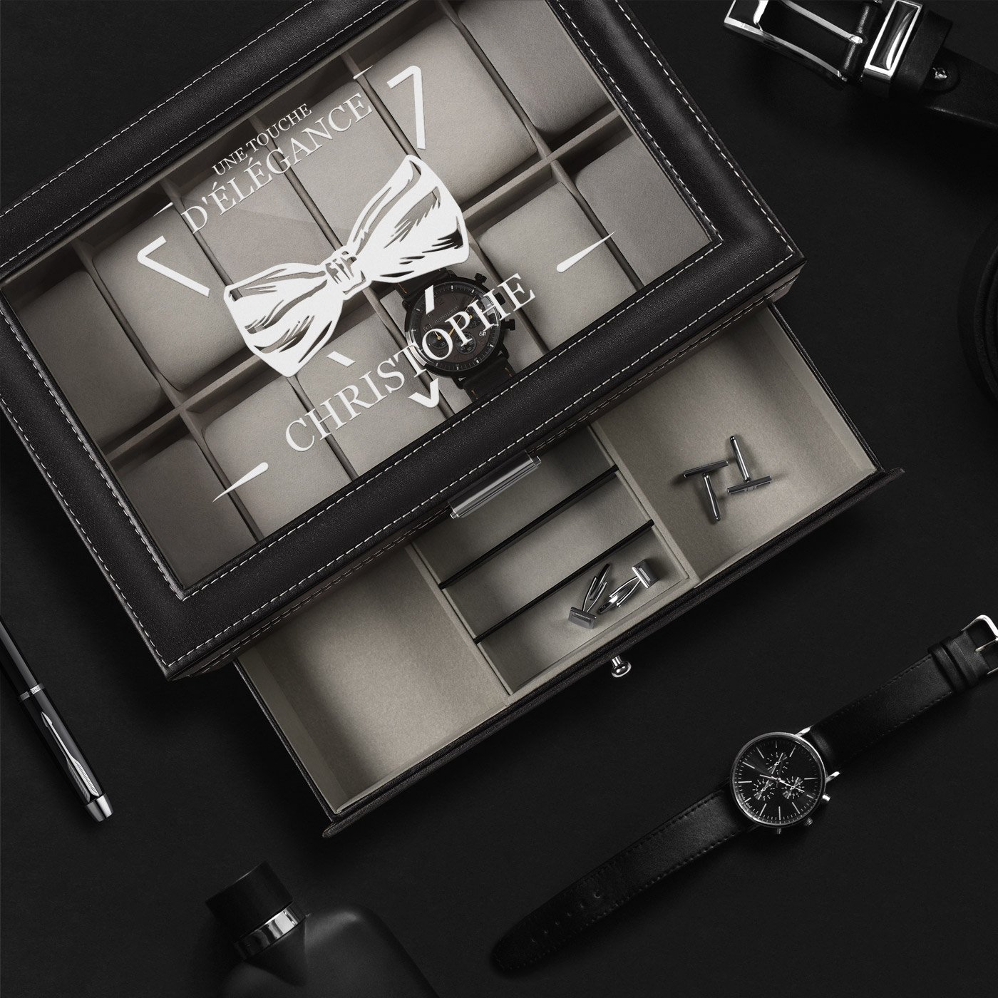 Caja de joyas y relojes negra personalizada de Murrano para el cumpleaños de un hermano
