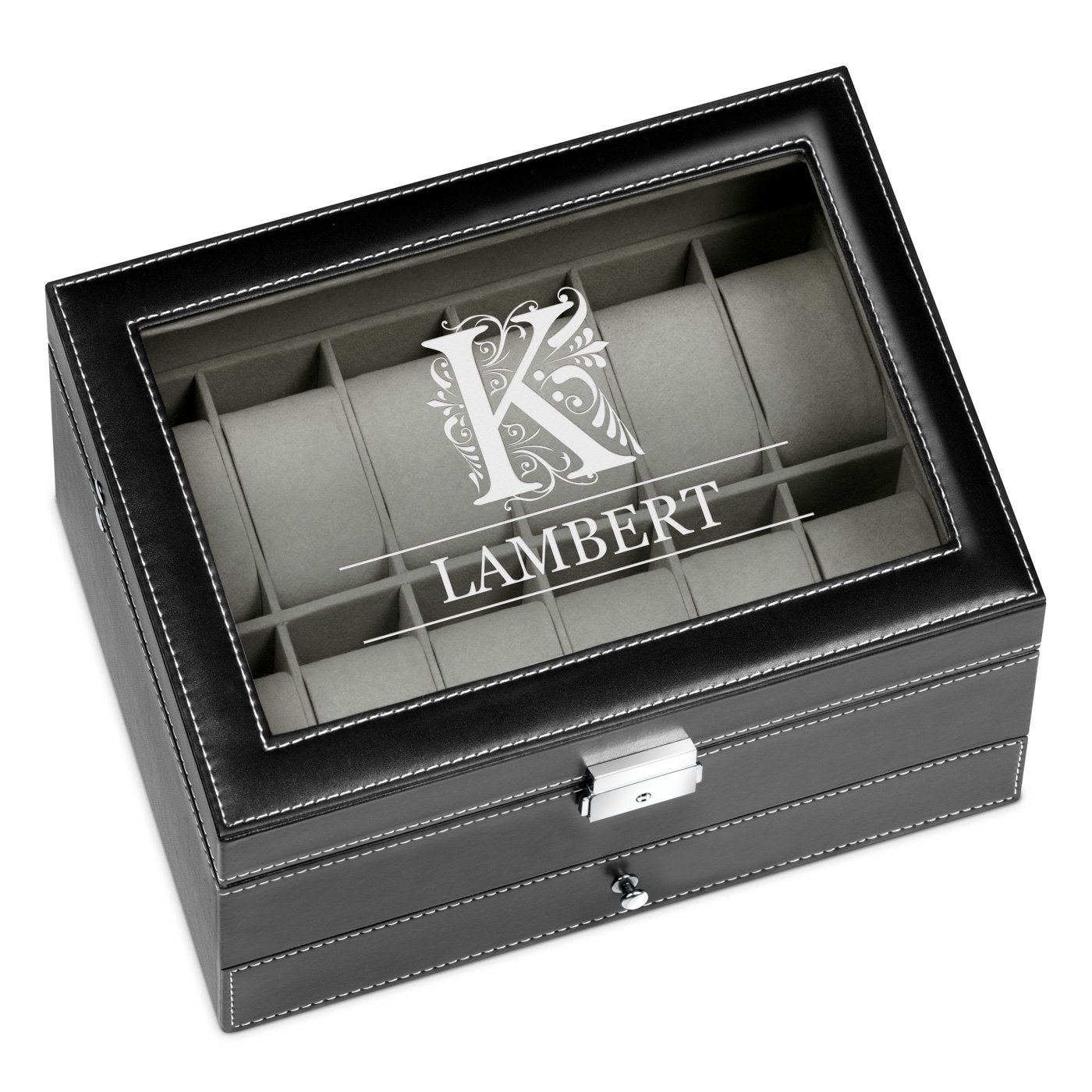 Caja de joyas y relojes personalizada negra Murrano para el cumpleaños de papá
