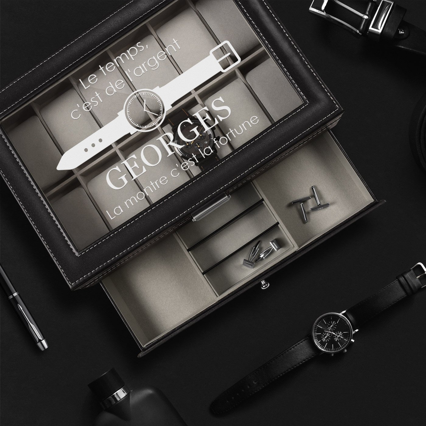 Caja de joyas y relojes personalizada negra de Murrano para el cumpleaños de su esposo