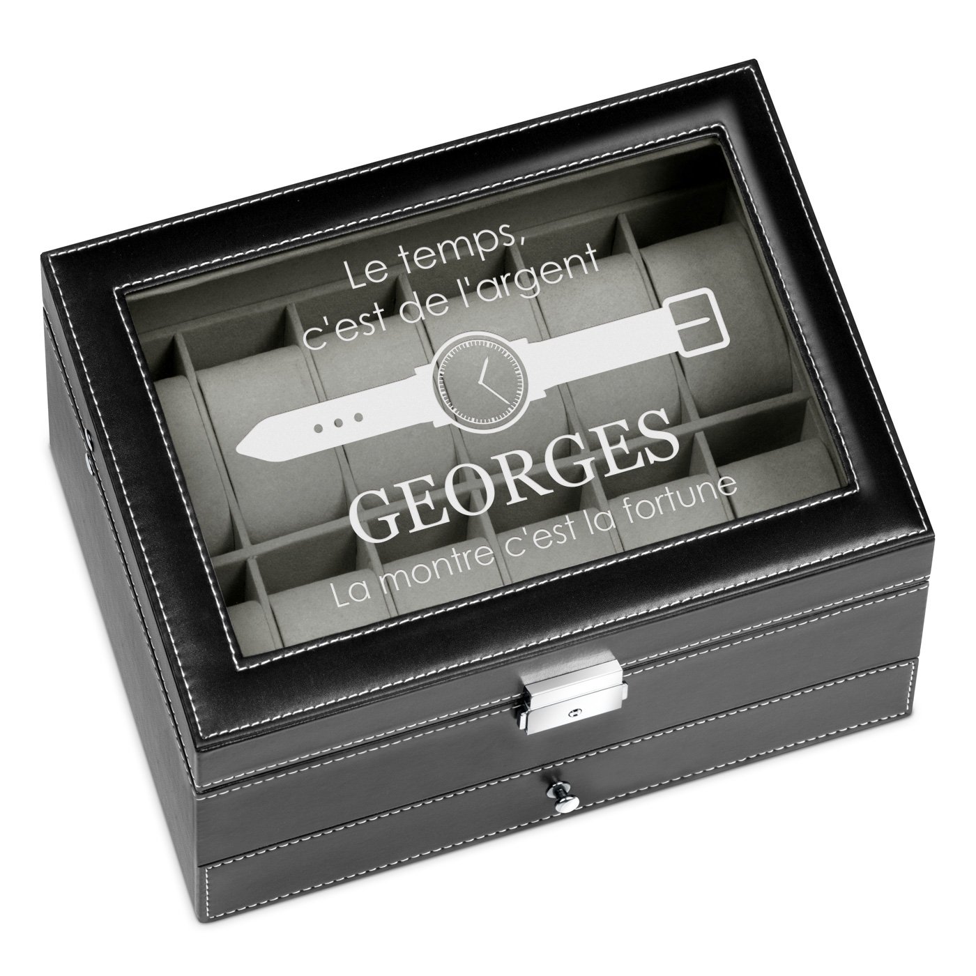 Caja de joyas y relojes personalizada negra de Murrano para el cumpleaños de su esposo