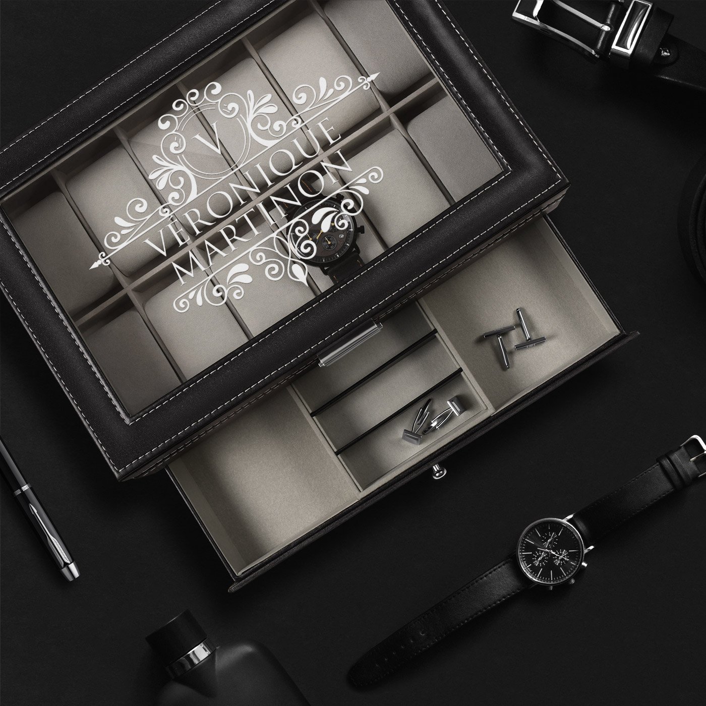 Murrano Personalized Black Jewelry and Watch Box for Women's Birthday
