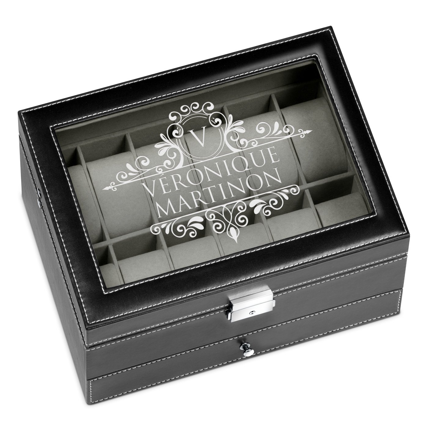 Caja de joyas y relojes negra personalizada de Murrano para el cumpleaños de una mujer