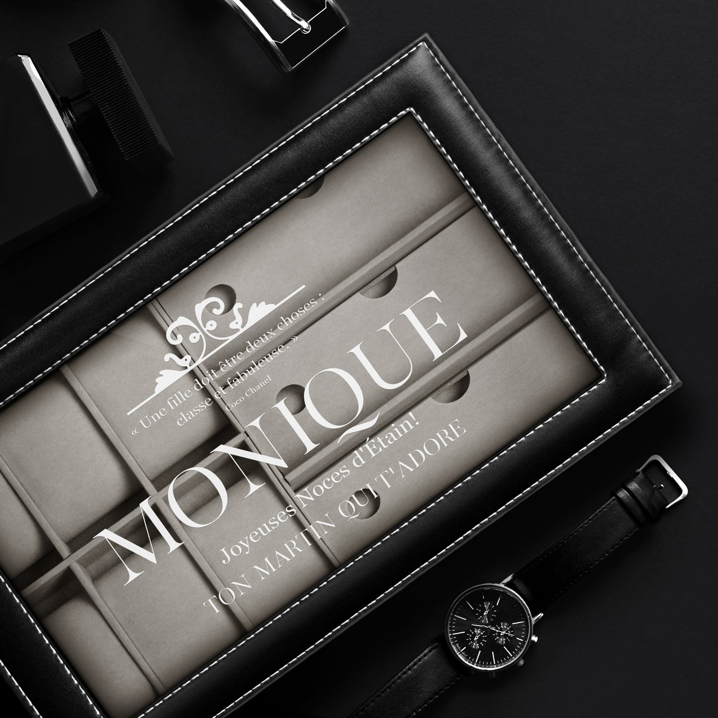 Murrano Personalized Watch and Glasses Case for Women - Steel Wedding Anniversary Gift