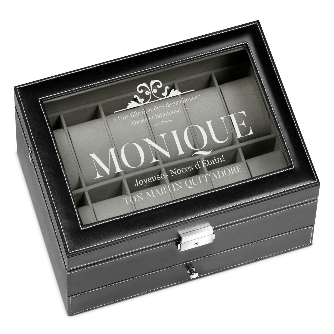 Caja de joyas y relojes Murrano negra con grabado para mujer - 10º aniversario de bodas en acero