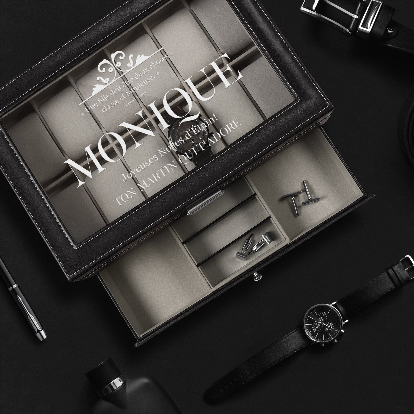 Murrano Black Jewelry and Watch Box with Engraving for Women - Steel Wedding Anniversary