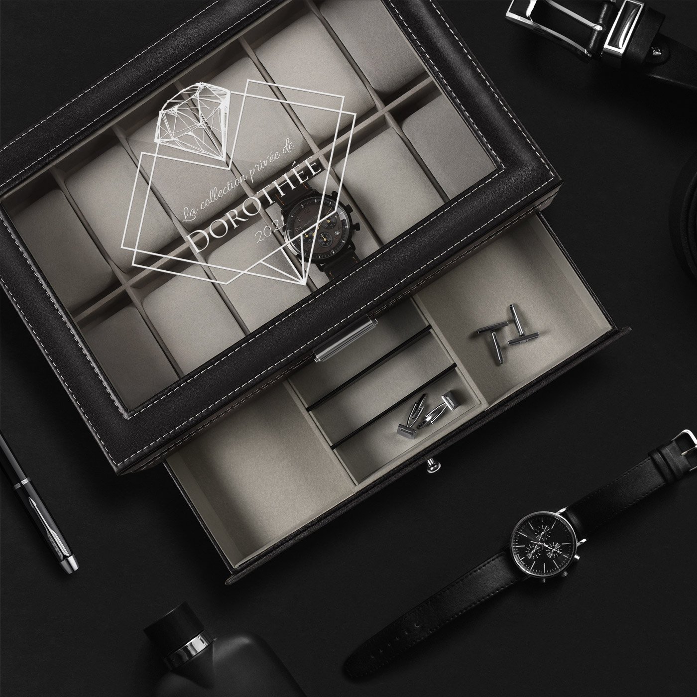 Murrano Personalized Black Jewelry and Watch Box