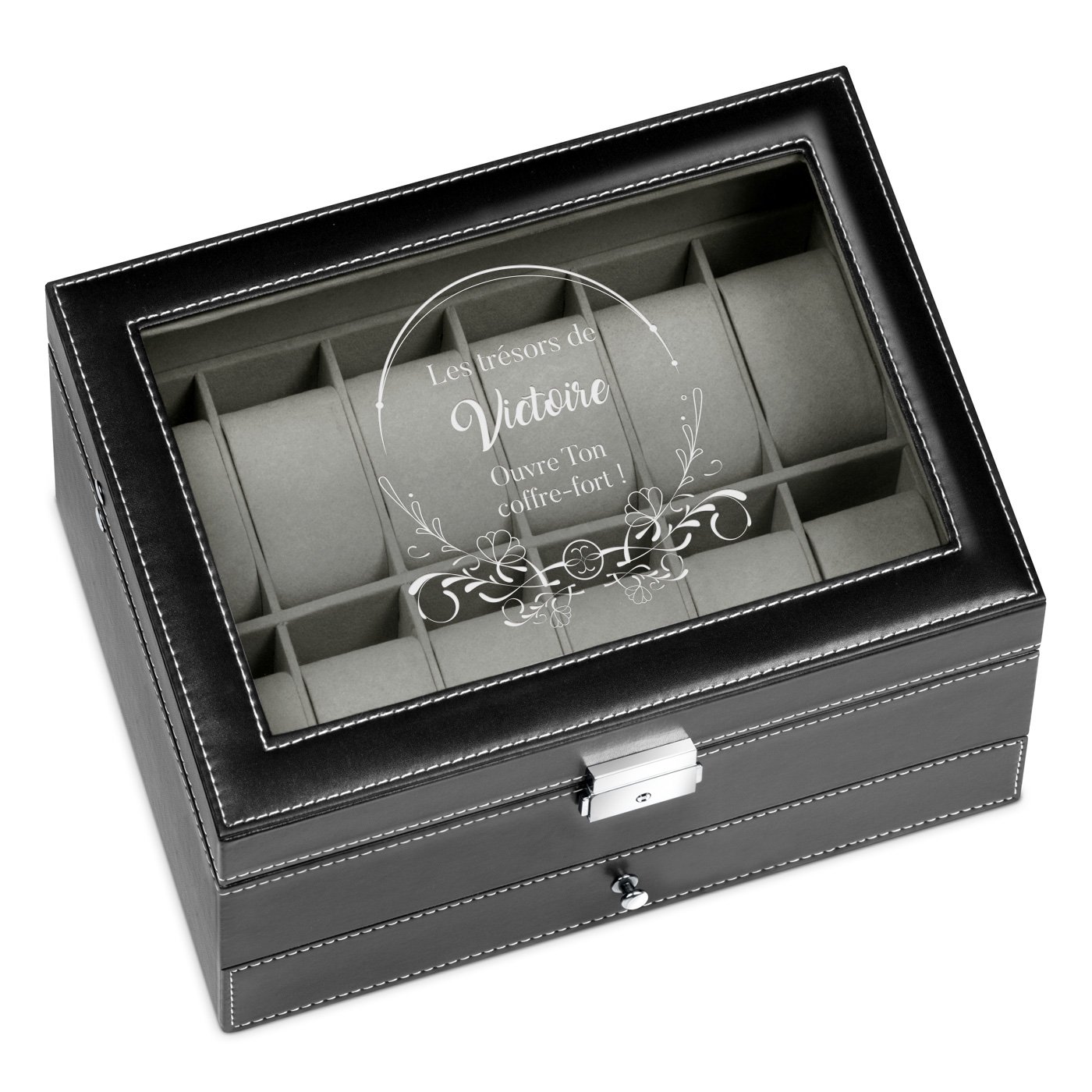 Caja de joyas y relojes negra Murrano con grabado para el cumpleaños de una hermana