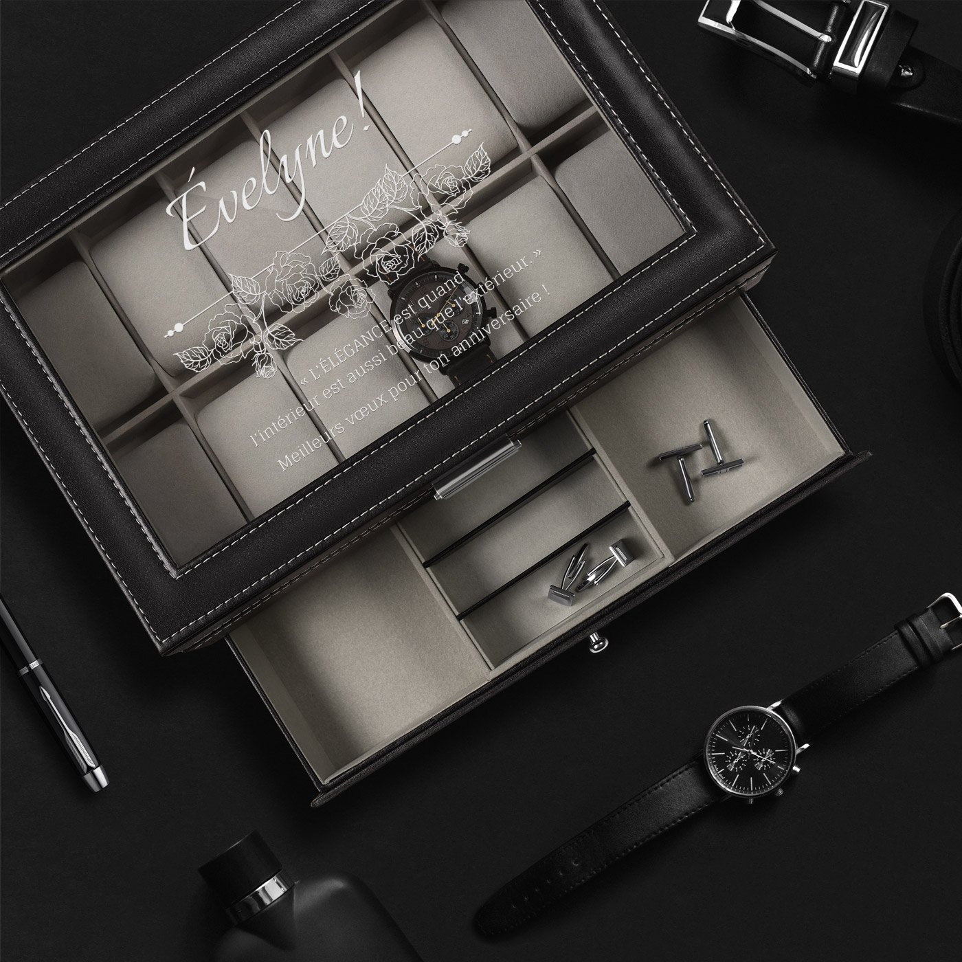 Murrano Personalized Black Jewelry and Watch Box for a Friend's Birthday