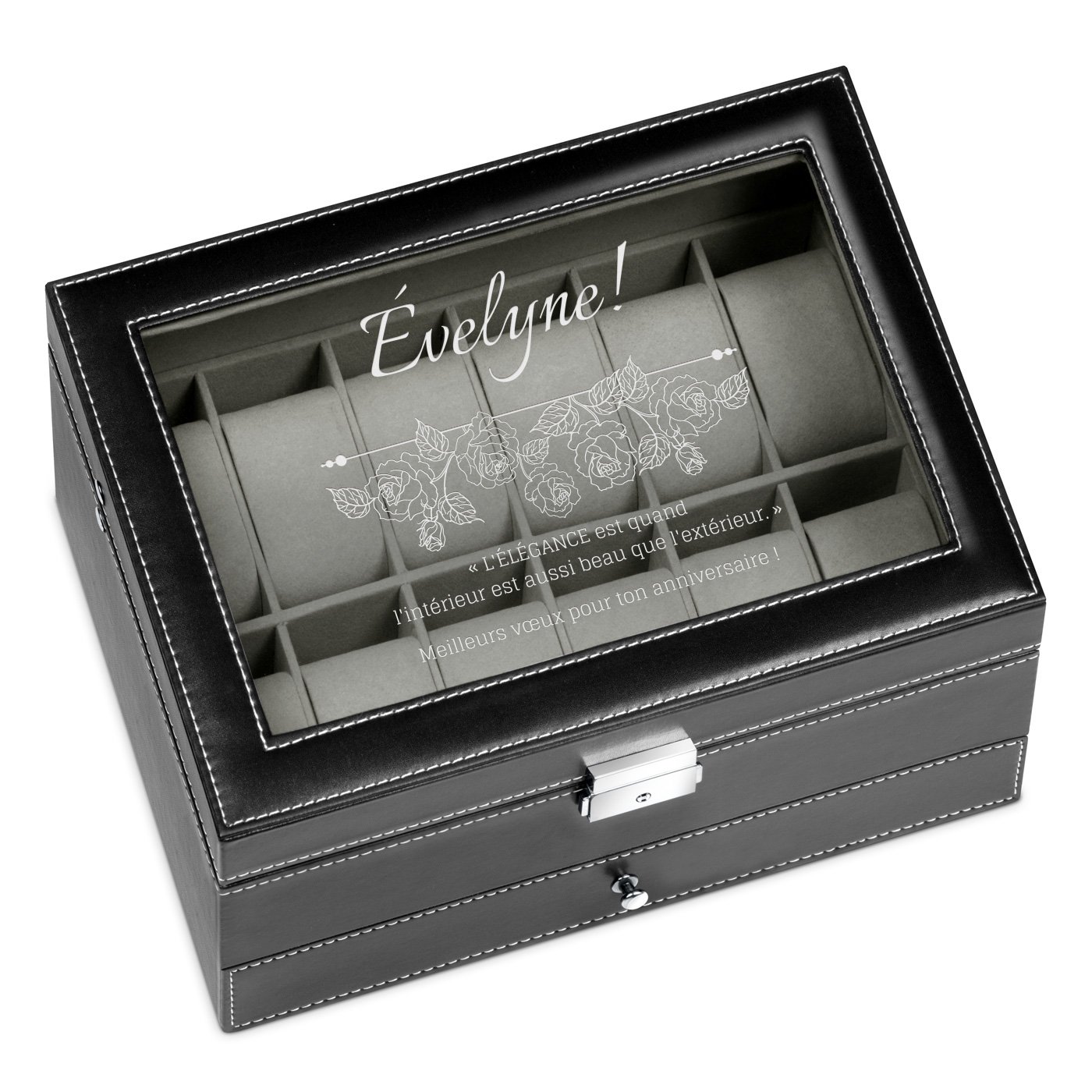 Caja de joyas y relojes personalizada negra de Murrano para el cumpleaños de una amiga