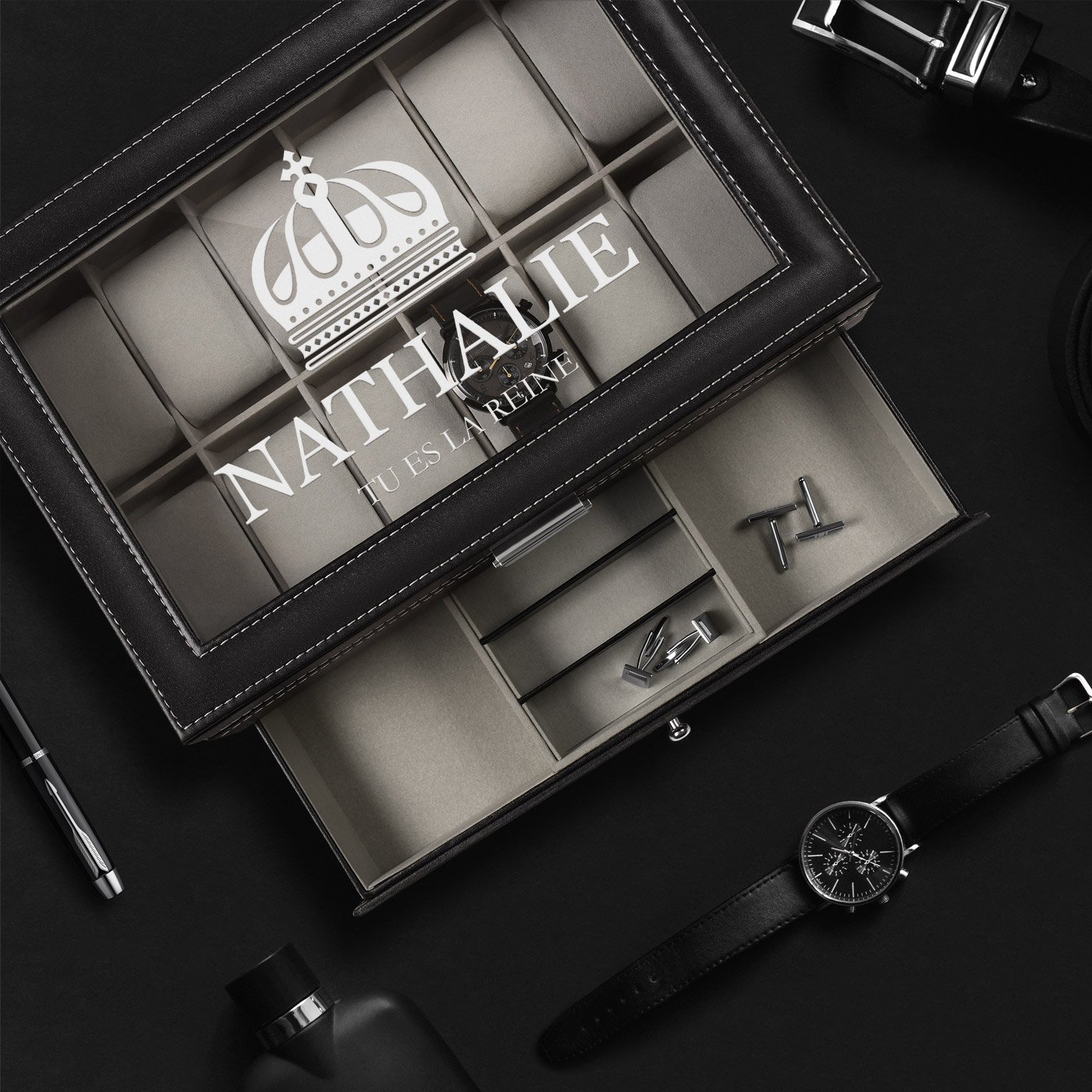 Caja de joyas y relojes personalizada negra de Murrano para el cumpleaños de una joven