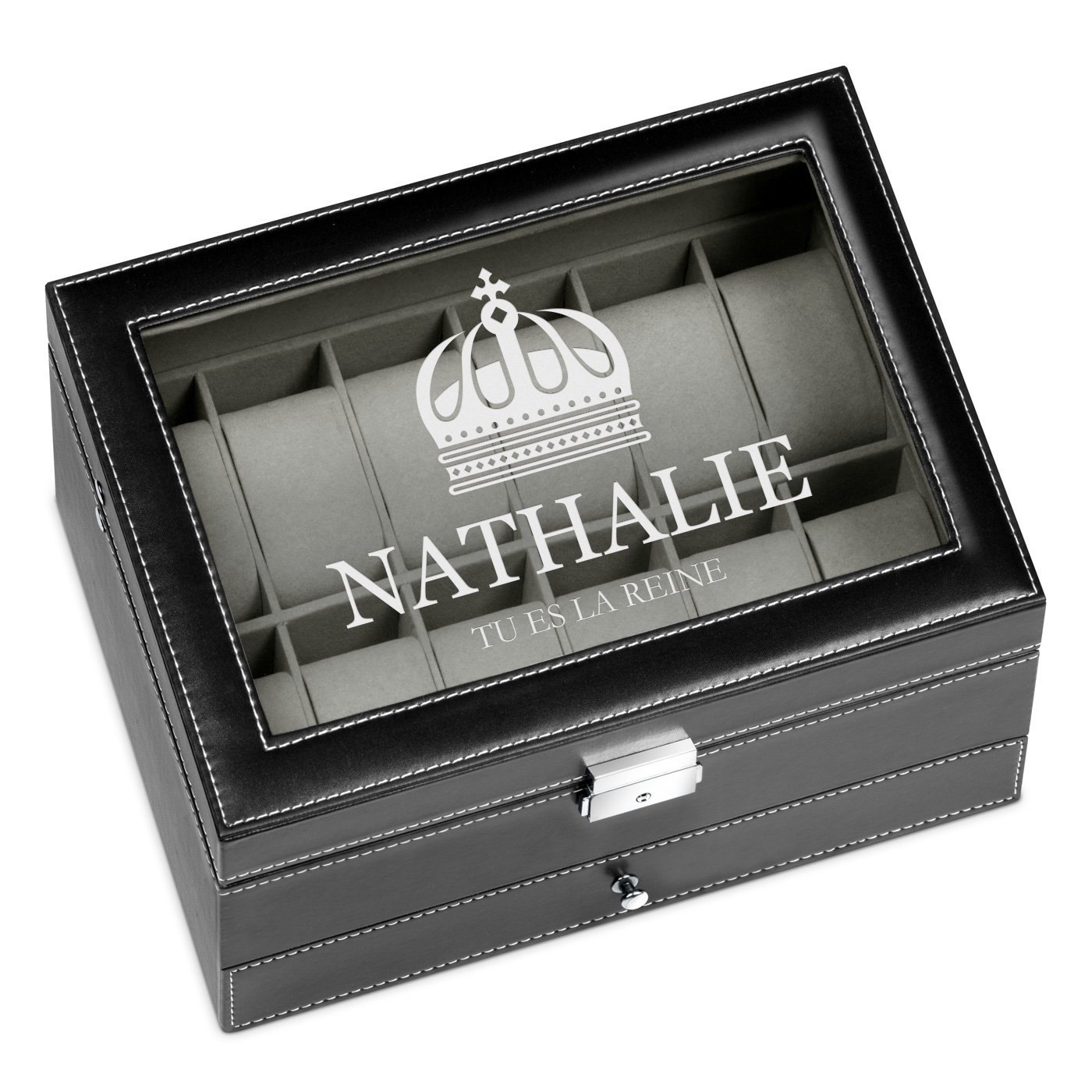 Caja de joyas y relojes personalizada negra de Murrano para el cumpleaños de una joven