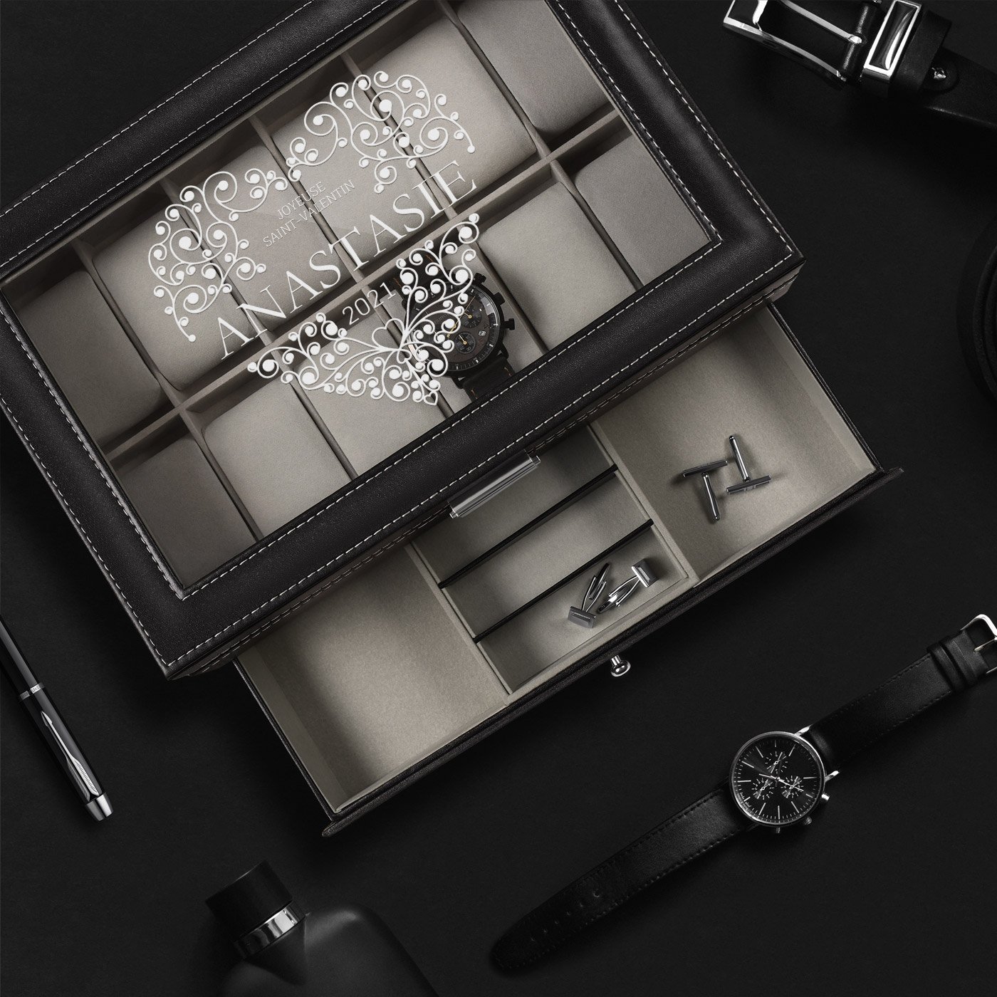 Caja de joyas y relojes negra personalizada de Murrano para una novia en el Día de San Valentín