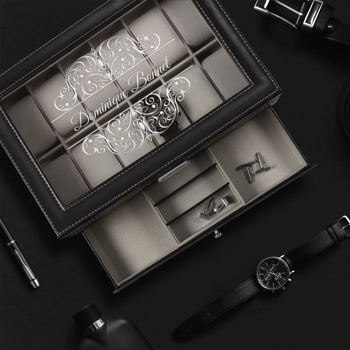 Murrano Personalized Black Jewelry and Watch Box for Mom's Birthday