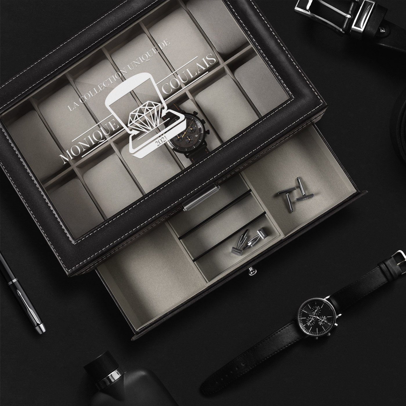 Murrano Black Jewelry and Watch Box with Engraving for Valentine's Day