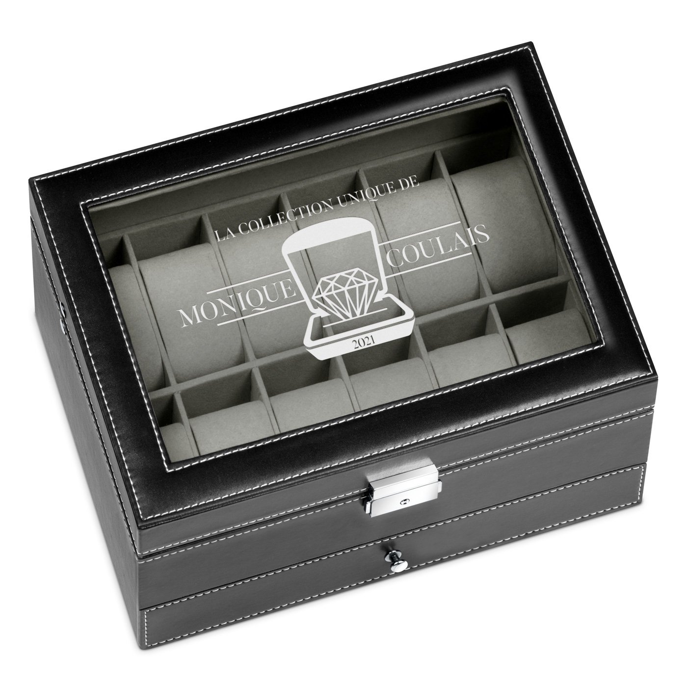 Caja de joyas y relojes negra personalizada de Murrano para el Día de San Valentín