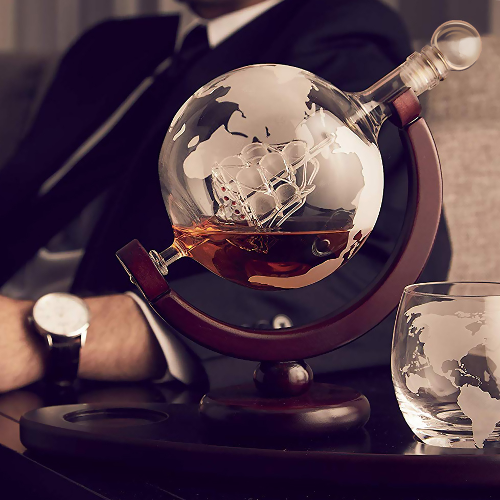 Decantador de whisky Murrano en forma de globo con barco y 2 vasos personalizados