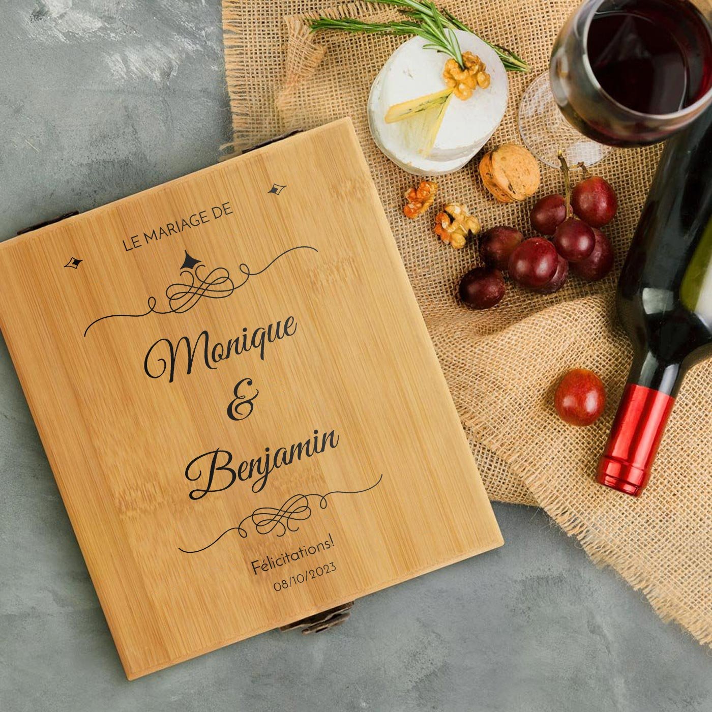 Murrano Personalized Bamboo Wine Accessory Set for Couples