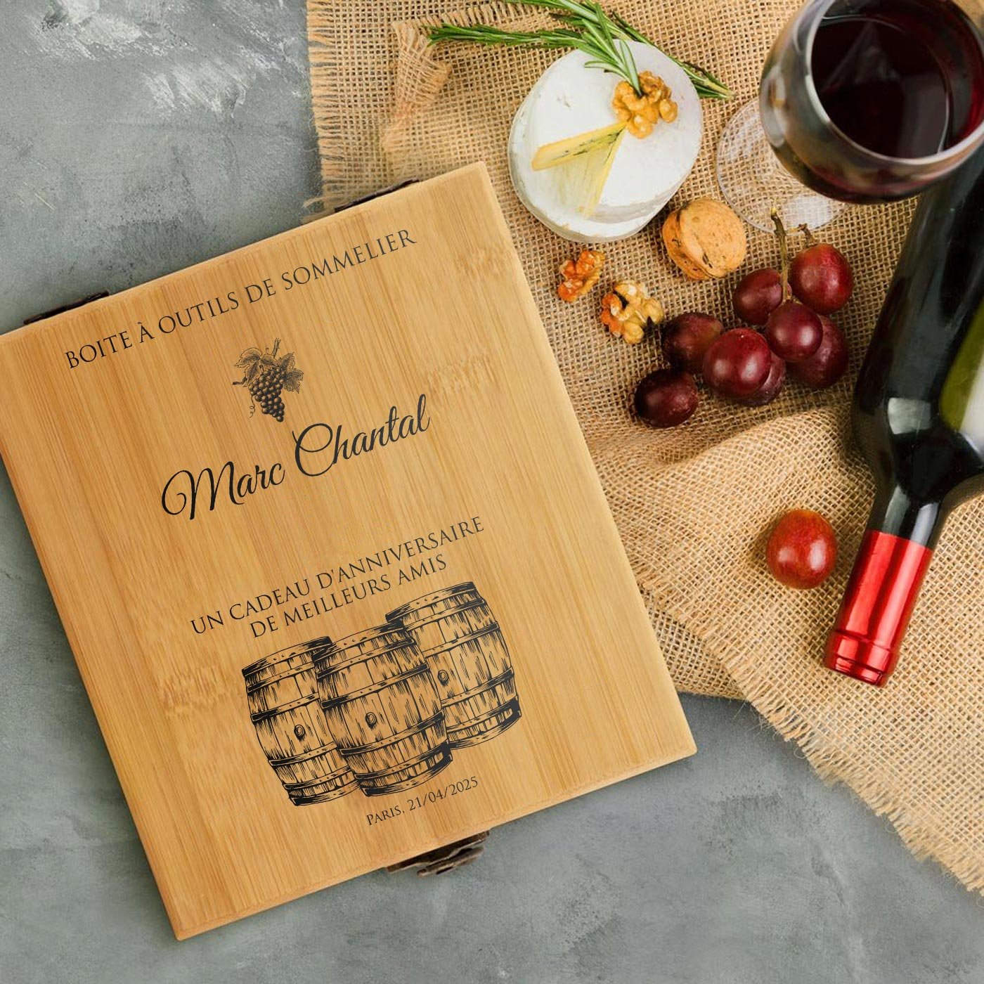 Murrano Wine Accessory Set with Bamboo Box - Personalized Gift