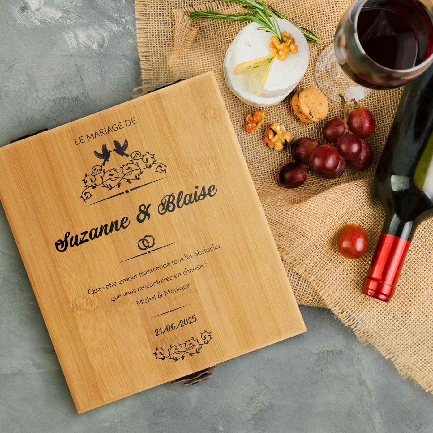 Murrano Bamboo Wine Accessory Set for Newlyweds