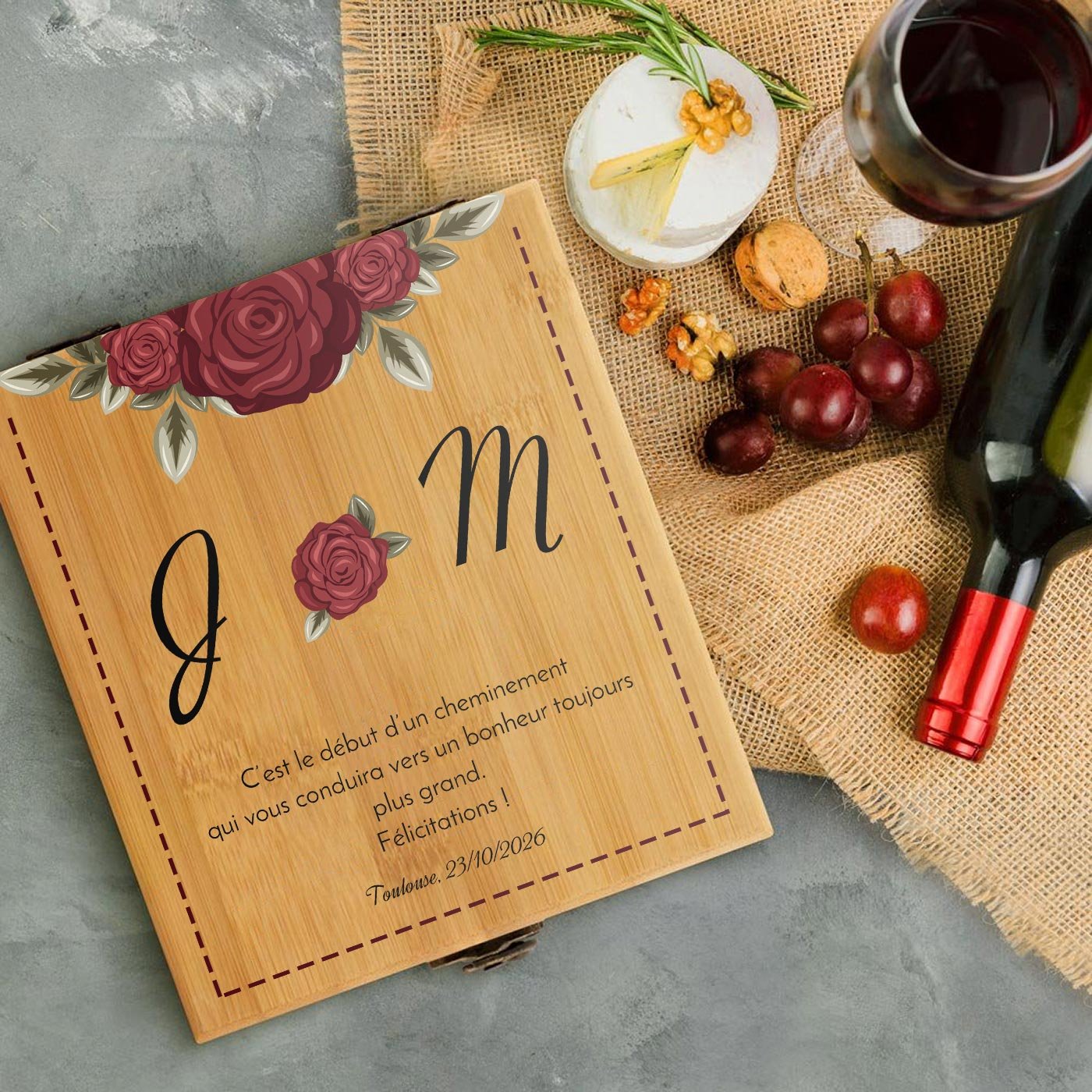 Murrano Personalized Bamboo Wine Accessory Set for Bride and Groom