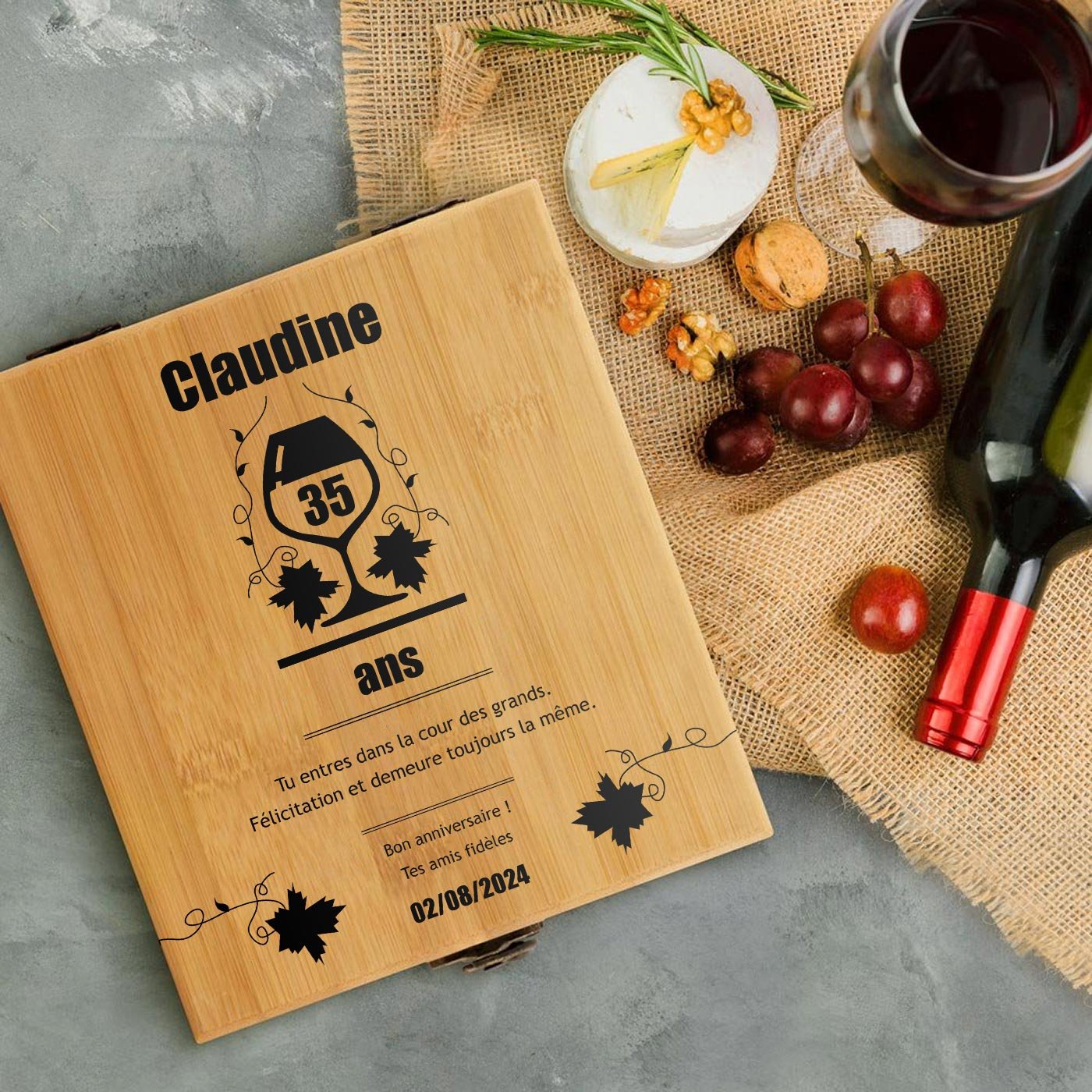 Murrano Personalized Bamboo Wine Accessory Set for Her 35th Birthday