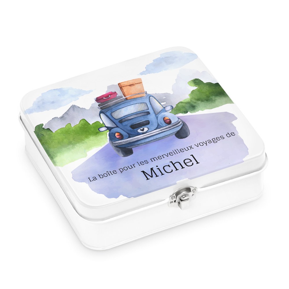 Murrano Customized White Metal Snack Box for a Travel-Loving Friend